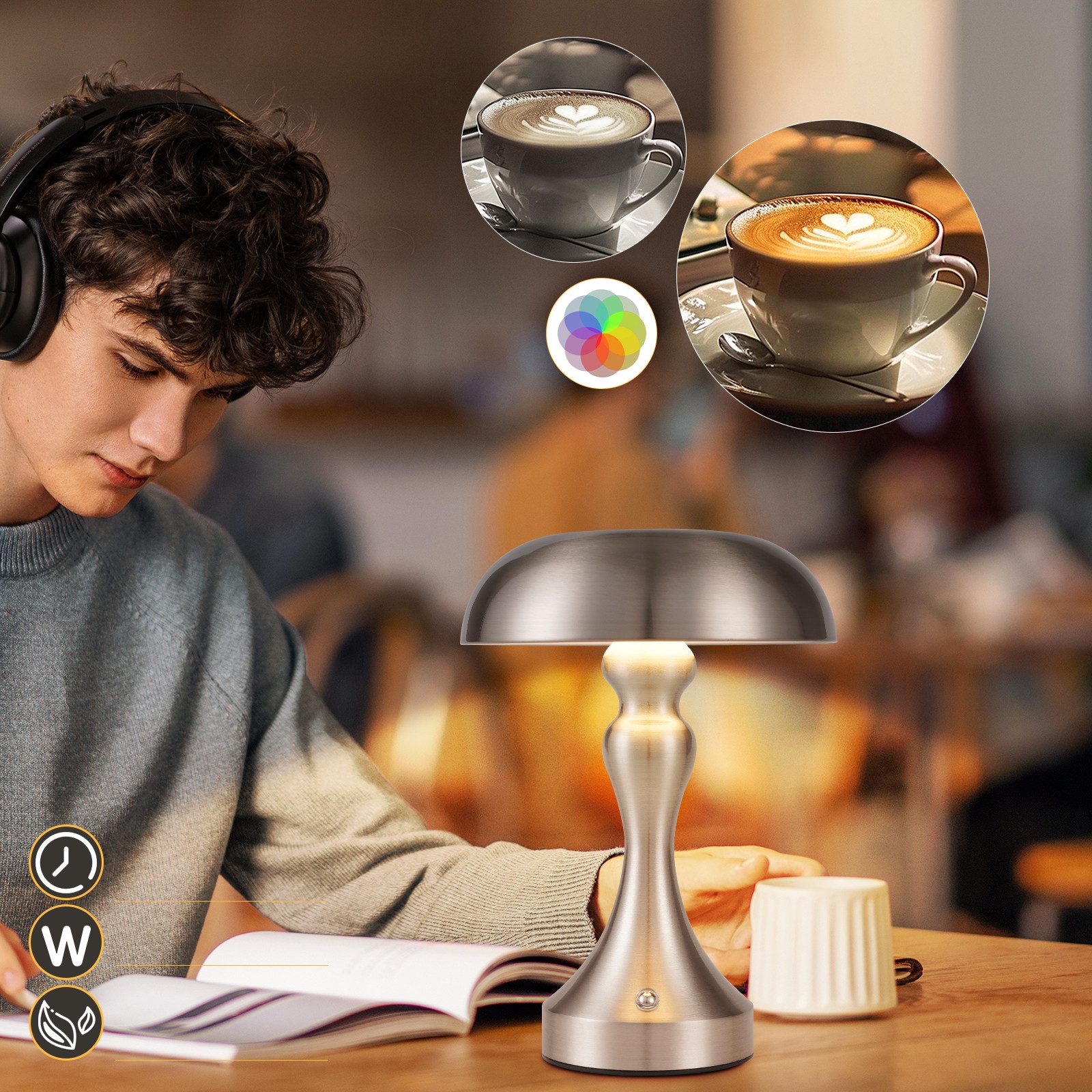 ZMH LED Tischleuchte Kabellos Vintage Akku Nachttischlampe Touch Dimmbar für Fensterbank, Augenschutz, Einfache Installtion, LED fest integriert, 3000-6500K, mit USB Aufladbar Nickel Batterie Tischlampen