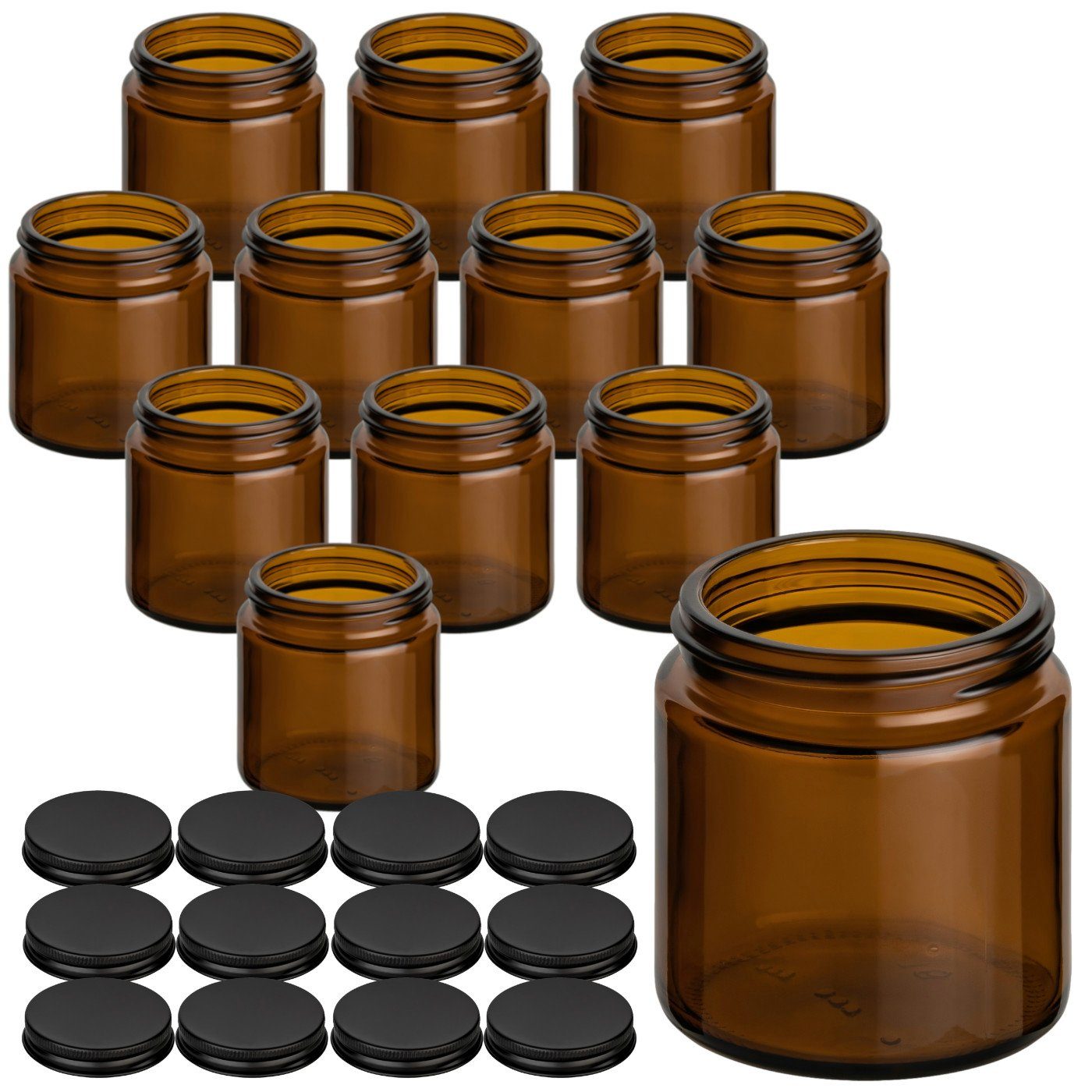 gouveo Make-Up Organizer Cremetiegel aus Braunglas mit Schraubdeckel - Leere Cremedose aus Glas, 12-tlg., 120ml/schwarz-matt, Schutz für lichtempfindlichen Inhalt