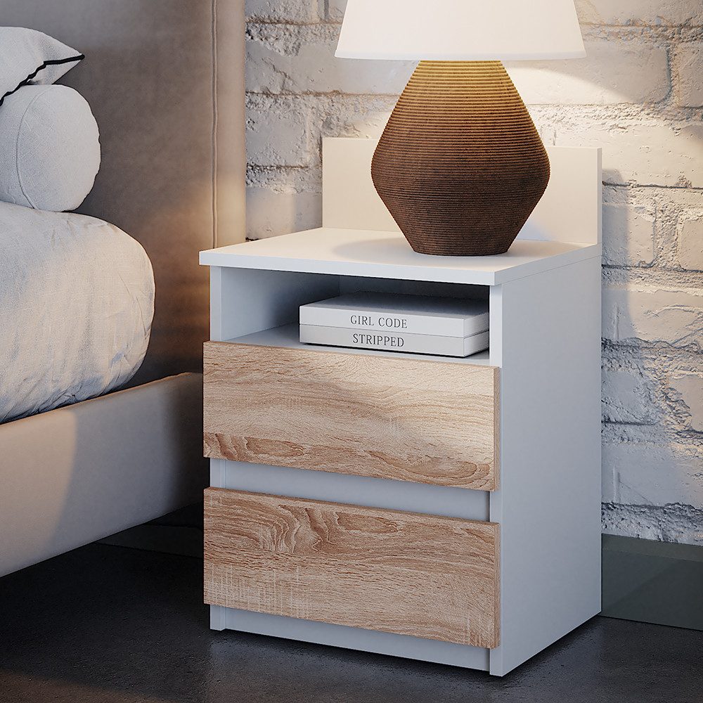 Vicco Nachtschrank Monty, Weiß/Sonoma, 32.3 x 59.1 cm mit 2 Schubladen