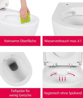 aquaSu Tiefspül-WC, Wandhängend, Abgang Waagerecht, Wand WC, spülrandlos, WC-Sitz mit Absenkautomatik, Duroplast, 045568