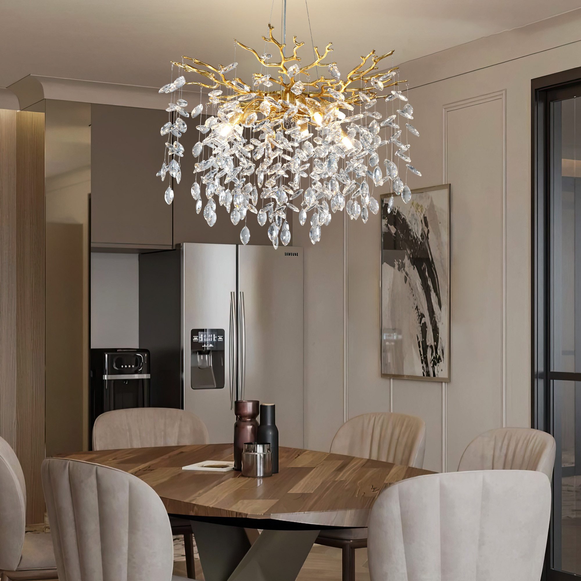 Surtime Kronleuchter rund, 60 cm, Goldfarben, 8x G9, Kristall, 8 G9-Fassungen für gleichmäßiges Licht, LED wechselbar, 3000 K Warmweiß, K9-Kristalldesign im Ast-Stil