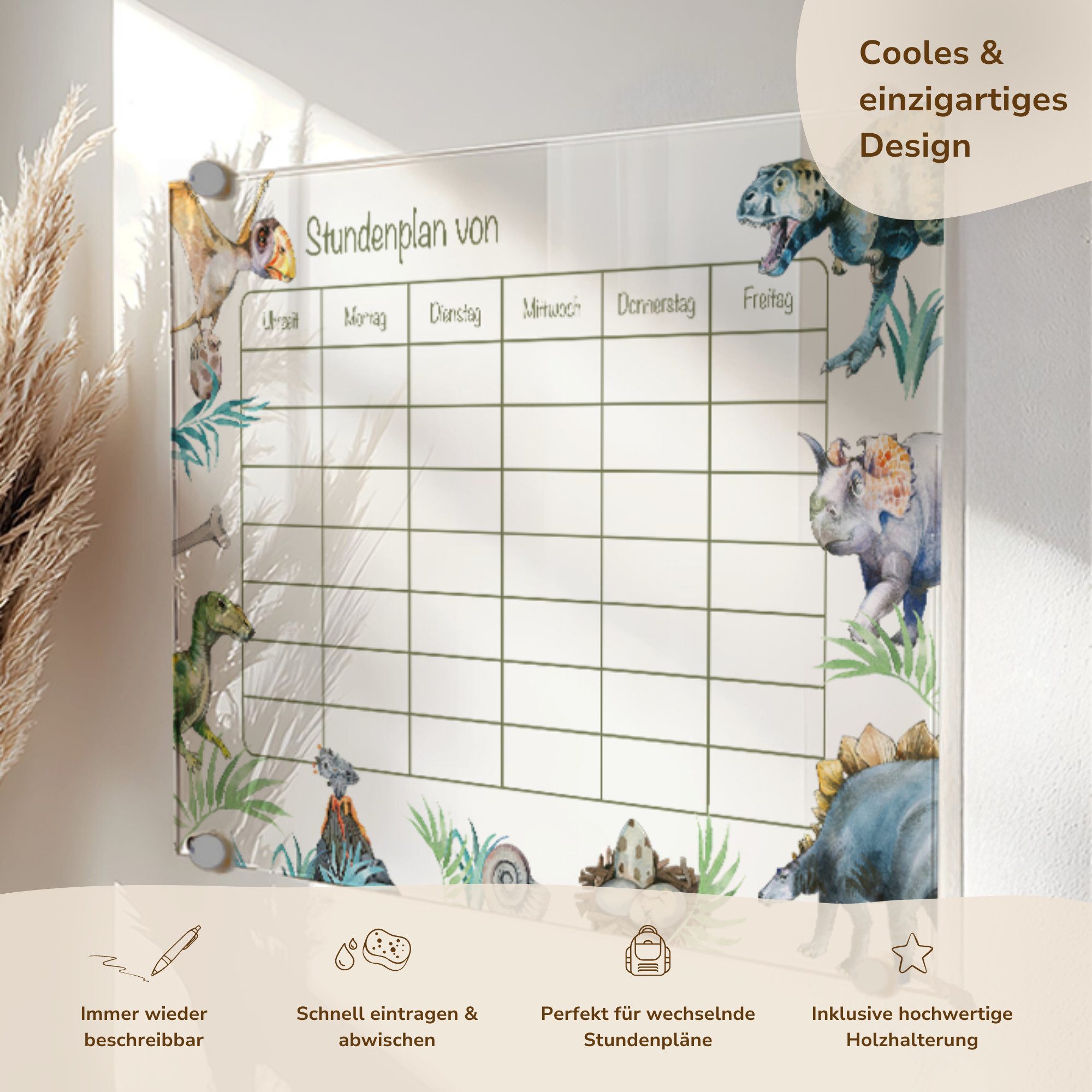 MeinBaby123® Schreibtischkalender Einschulung, Stundenplan Acrylglas transparent, Stundenplan abwischbar, Schulanfang Geschenk, inkl. Holzhalterung – Bild 3 von 5