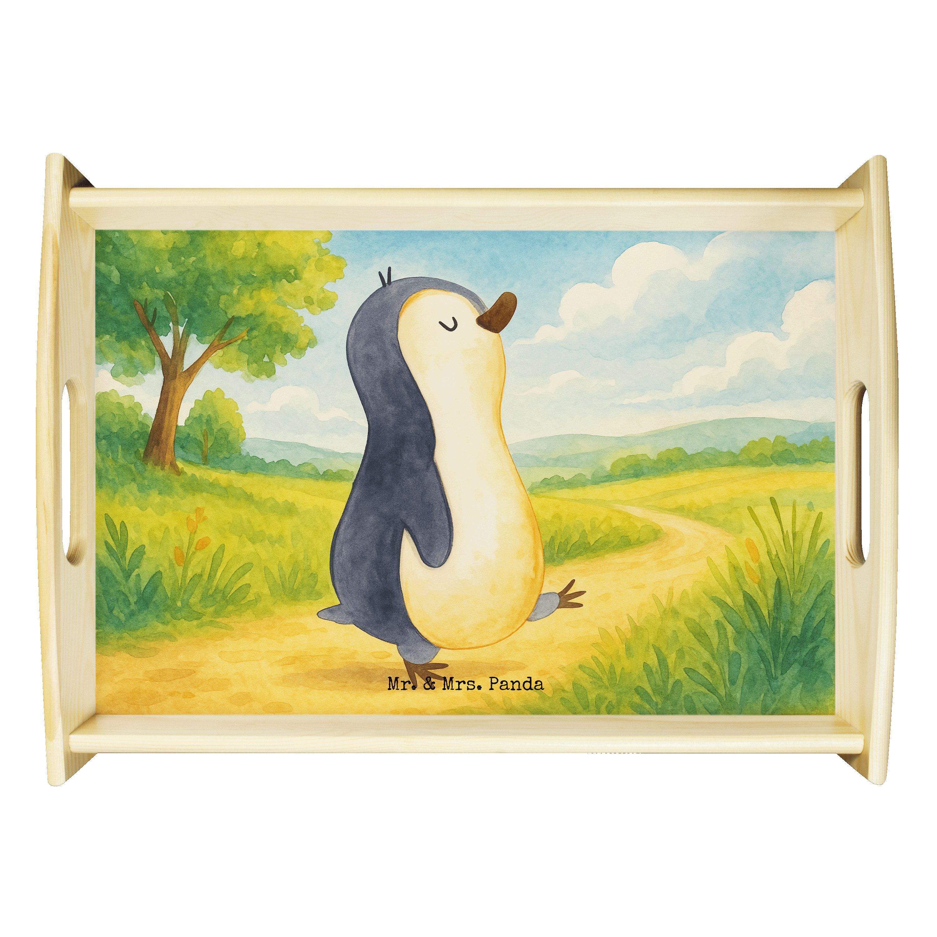 Mr. & Mrs. Panda Tablett Pinguin marschieren Design, Tablett, Weiß, Deko Tablett, Spazieren, h, Echtholz lasiert, (Packung), getränketablett sofatablett tablett für getränke