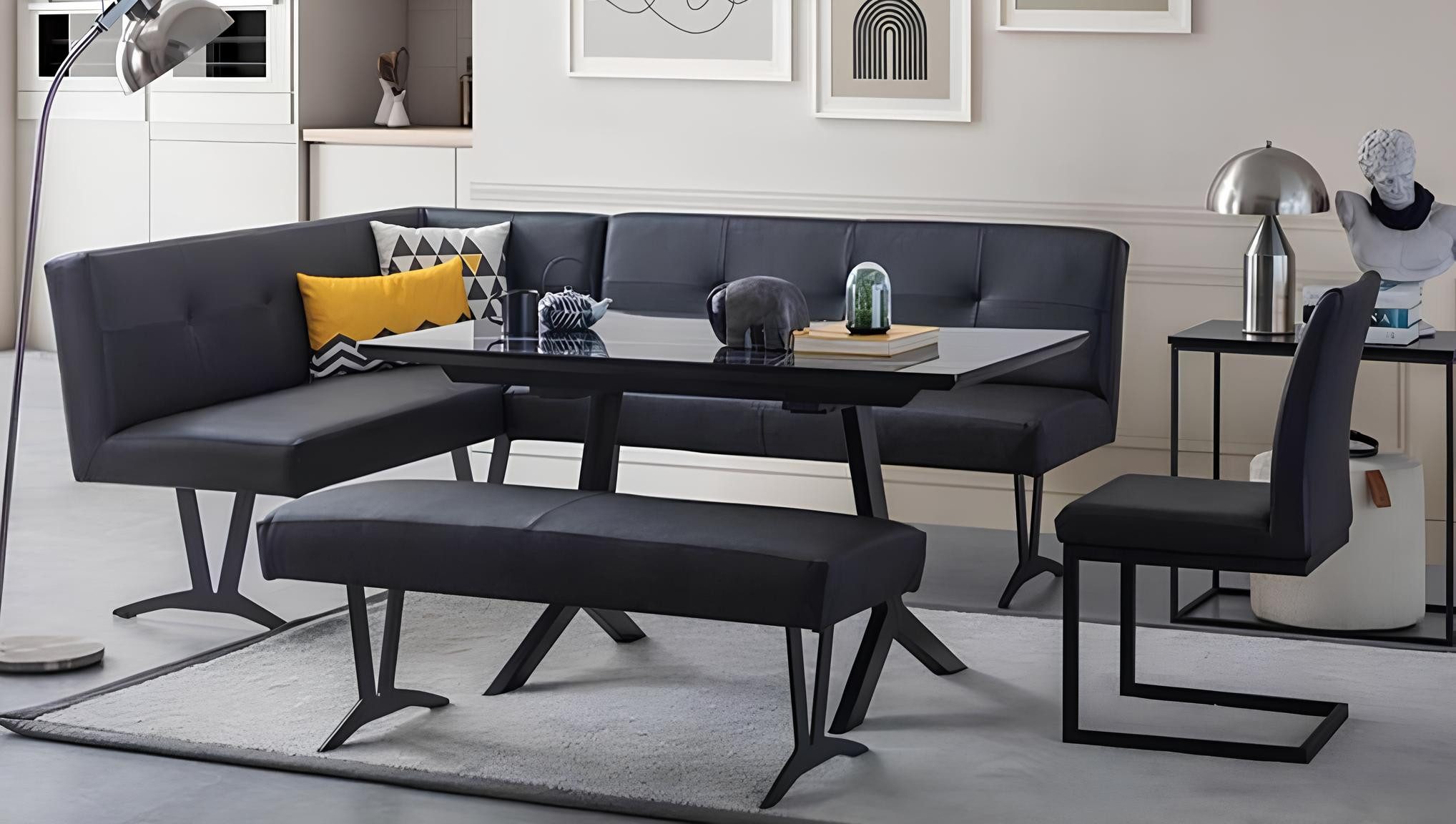 Xlmoebel Essgruppe Schwarzes Esszimmer-Ensemble mit Leder Eckbank und Stühlen, (Essgruppe, 4-tlg., 4tlg.Esszimmer Set (Esstisch+bank+Stuhl+Eckbank), Hergestellt in Europa