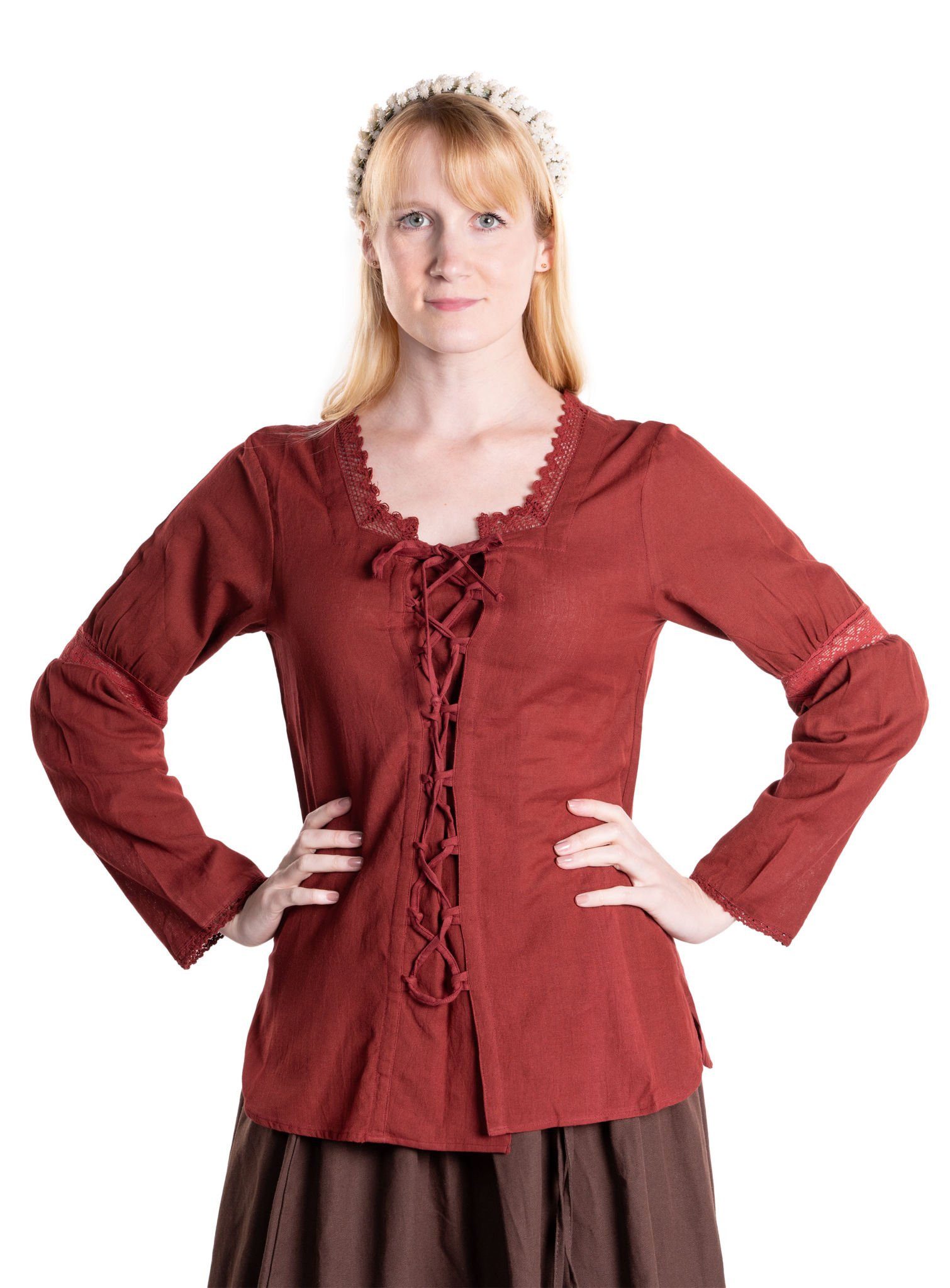 Metamorph Kostüm Mittelalter Schnürbluse mit Spitzenborte rotbraun, Hochwertige und authentische Mittelalterkleidung zu unschlagbar günst
