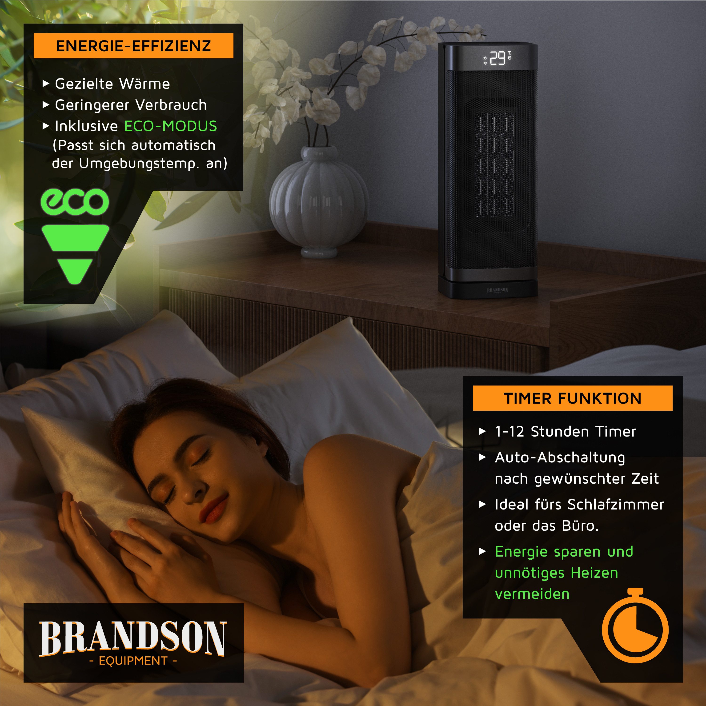 Brandson Heizlüfter Smarter WLAN-Keramikheizlüfter 2000 W, App & Fernbedienung, Timer, 1500 W, energiesparend, ECO-Modus, Thermostat, 10-35°C, LED-Display – Bild 5 von 5