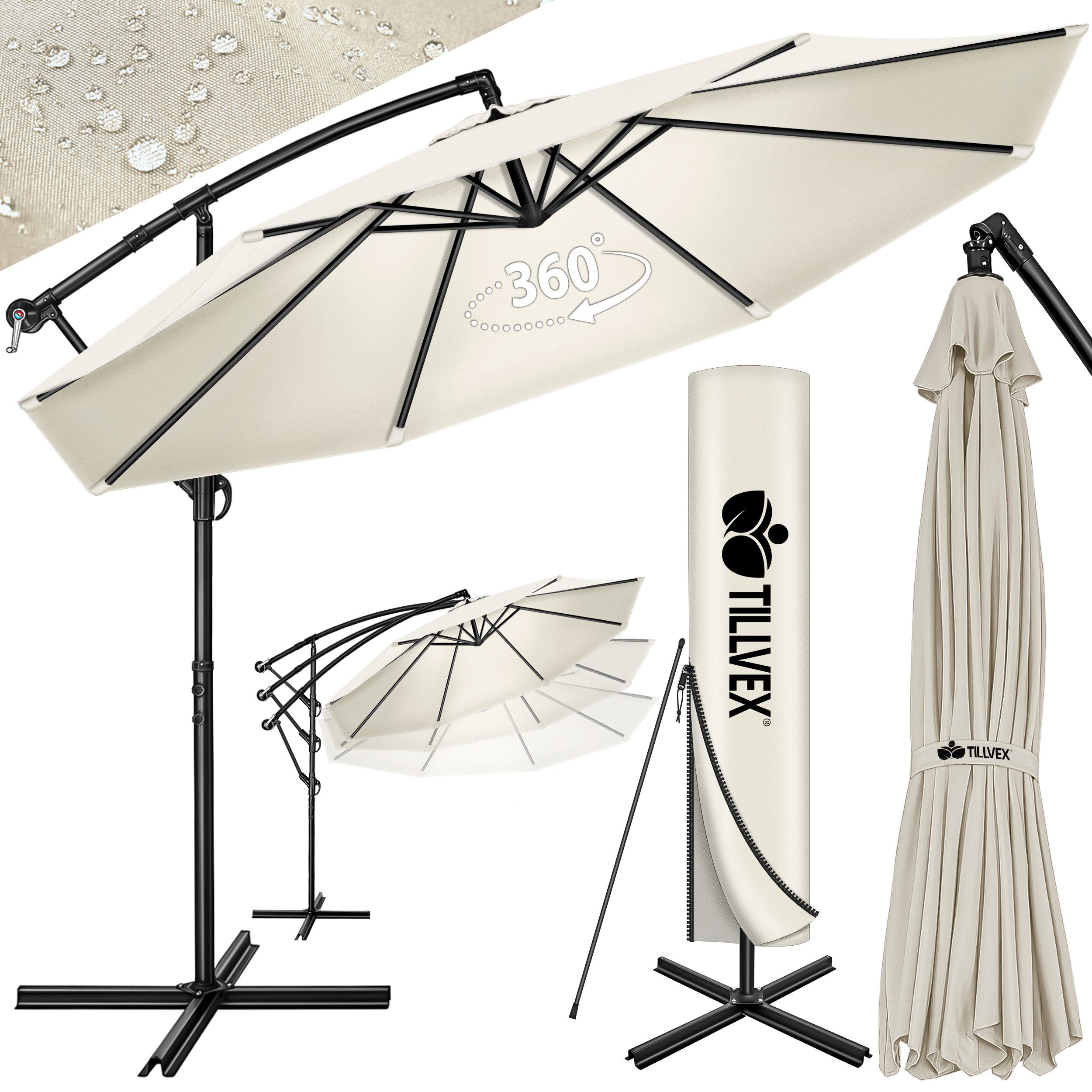 tillvex Sonnenschirm 300-350 cm Kurbel Ampelschirm mit Ständer, Abdeckung & Windsicherung, Gartenschirm UV-Schutz Aluminium