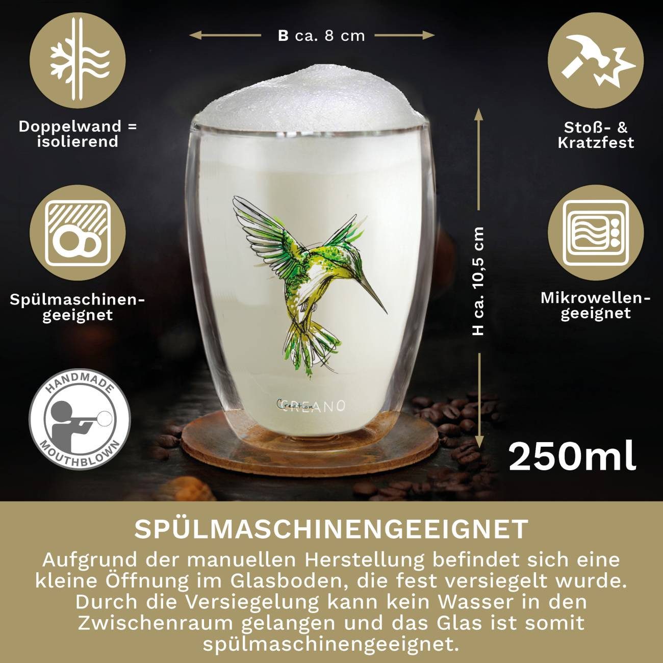 Creano Teeglas Tee-Glas, Latte Machiato, Thermobecher Kolibri Grün, 250ml, Borosilikatglas, 1x bedrucktes Glas