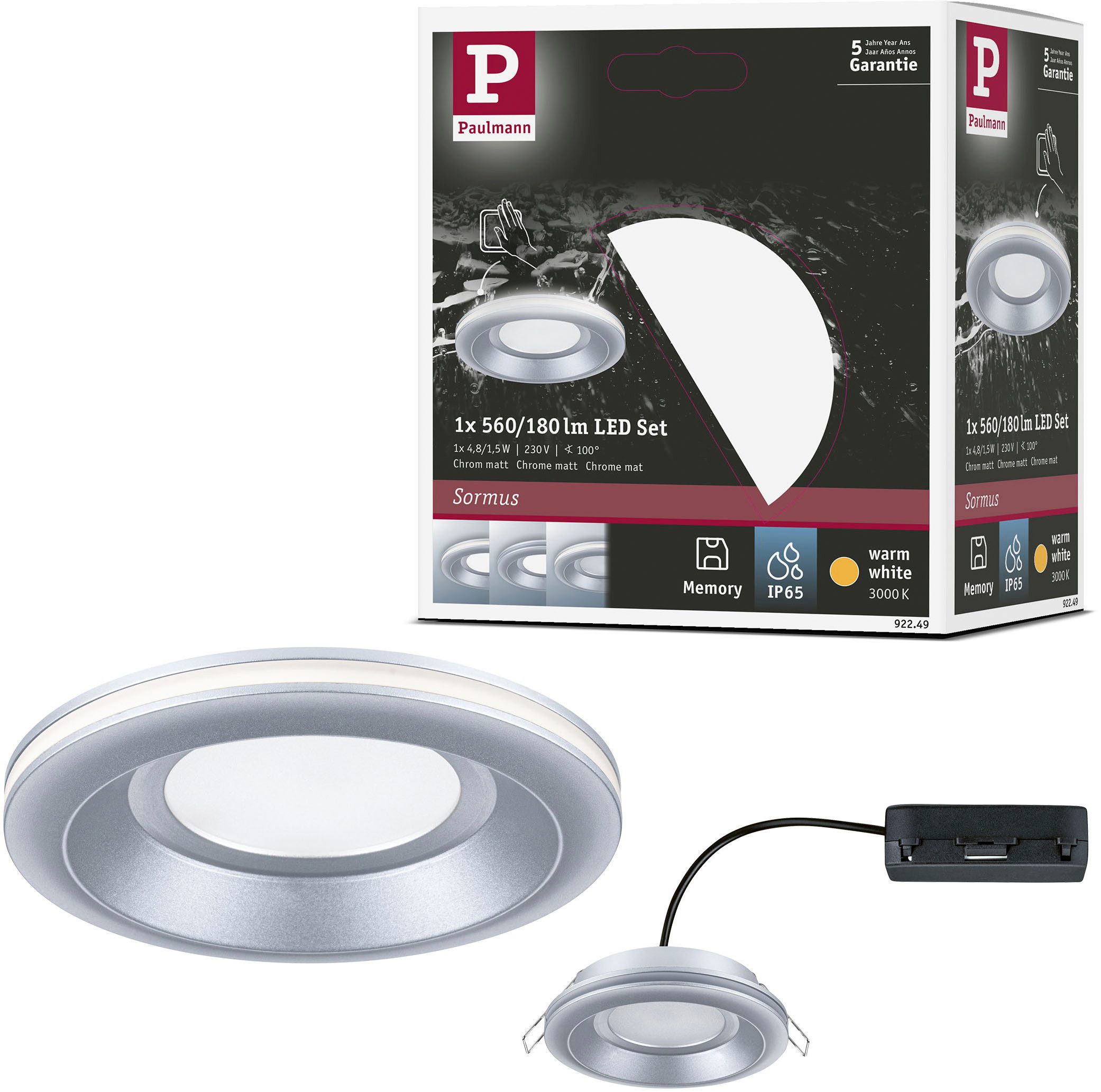 Paulmann LED Einbauleuchte LED Einbauleuchte Sormus IP65 rund 100mm, LED fest integriert, Warmweiß, Memoryfunktion