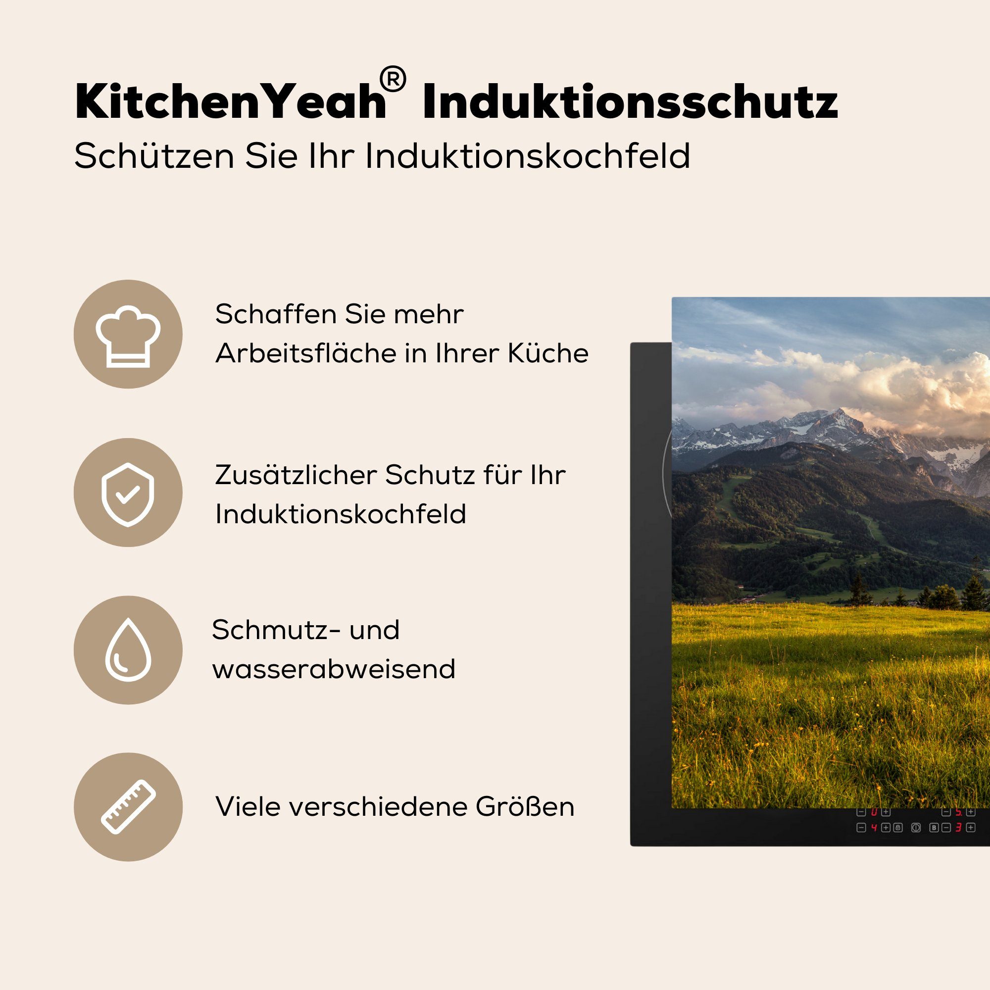 Schutz Vinyl, 81x52 Berg, - Herdblende-/Abdeckplatte küche, Induktionskochfeld für (1 - tlg), Ceranfeldabdeckung Alpen cm, die MuchoWow Sonnenuntergang