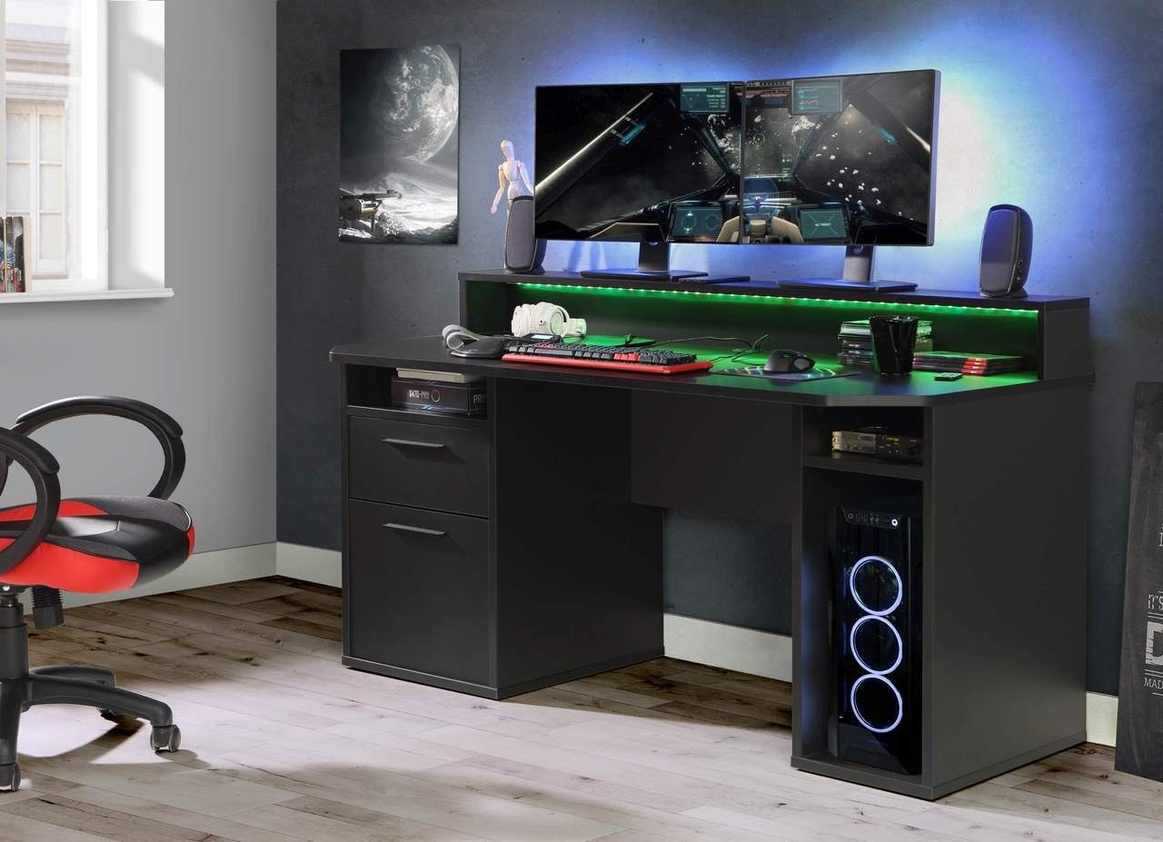 Forte Möbel Gamingtisch Gaming Tisch TEZAUR 3B mit LED und viel Platz durch Monitor-Aufsatz