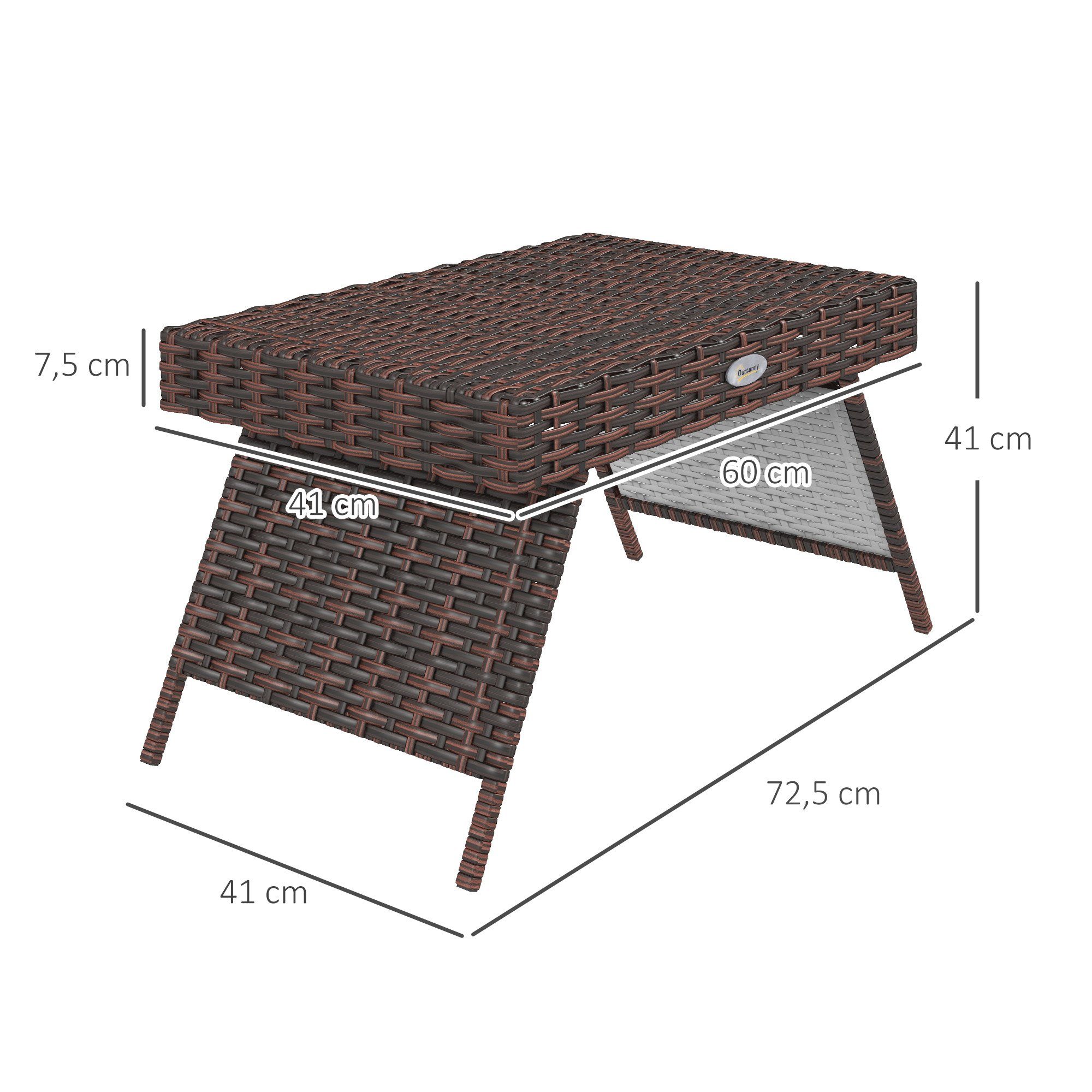 Outsunny Beistelltisch Rattan Gartentisch Klapptisch wetterfester Campingtisch (Couchtisch, 1-St., Kaffeetisch), für Garten, Balkon, Braun, 60 x 41 x 41 cm – Bild 3 von 5