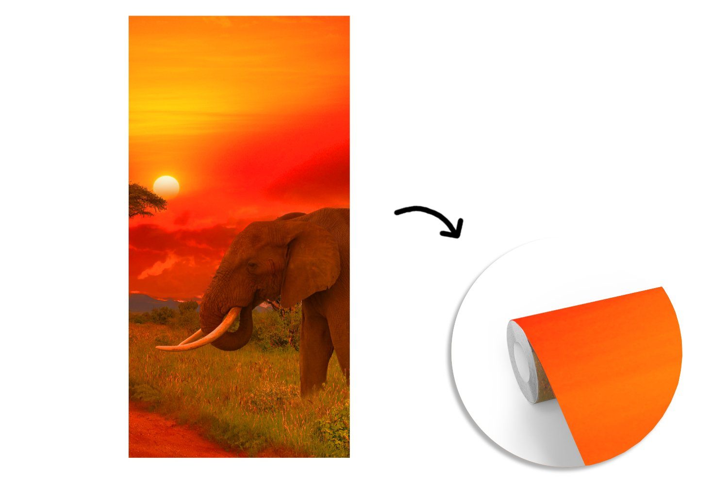 Vliestapete für Elefant Sonnenuntergang Küche, Fototapete MuchoWow (2 bedruckt, Orange Fototapete - Wohnzimmer Savanne Schlafzimmer Matt, Tiere, - - St), -