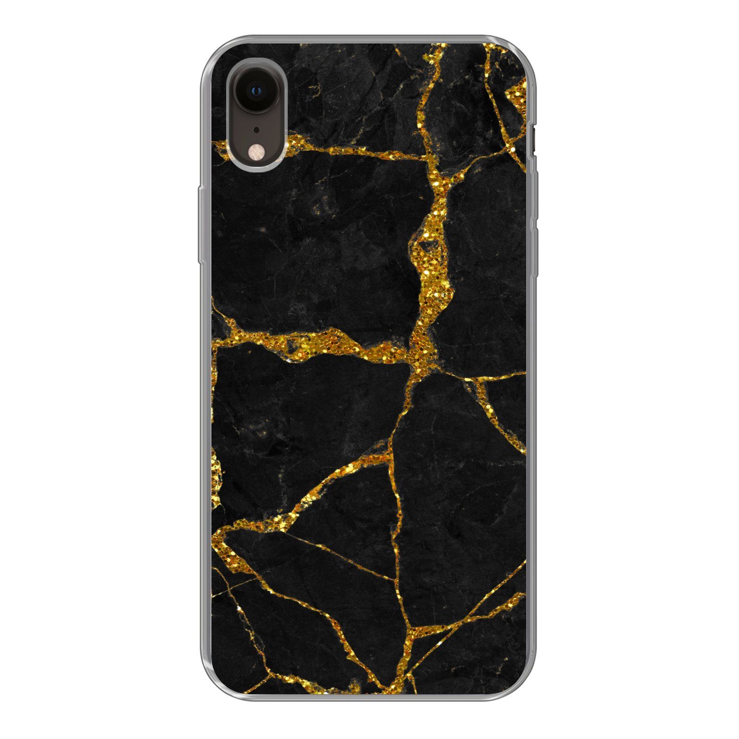 MuchoWow Handyhülle für Apple iPhone XR Marmor - Gold - Schwarz - Marmoroptik - Glitter, Smartphone-Bumper, Print, Handy Schutzhülle Dünn