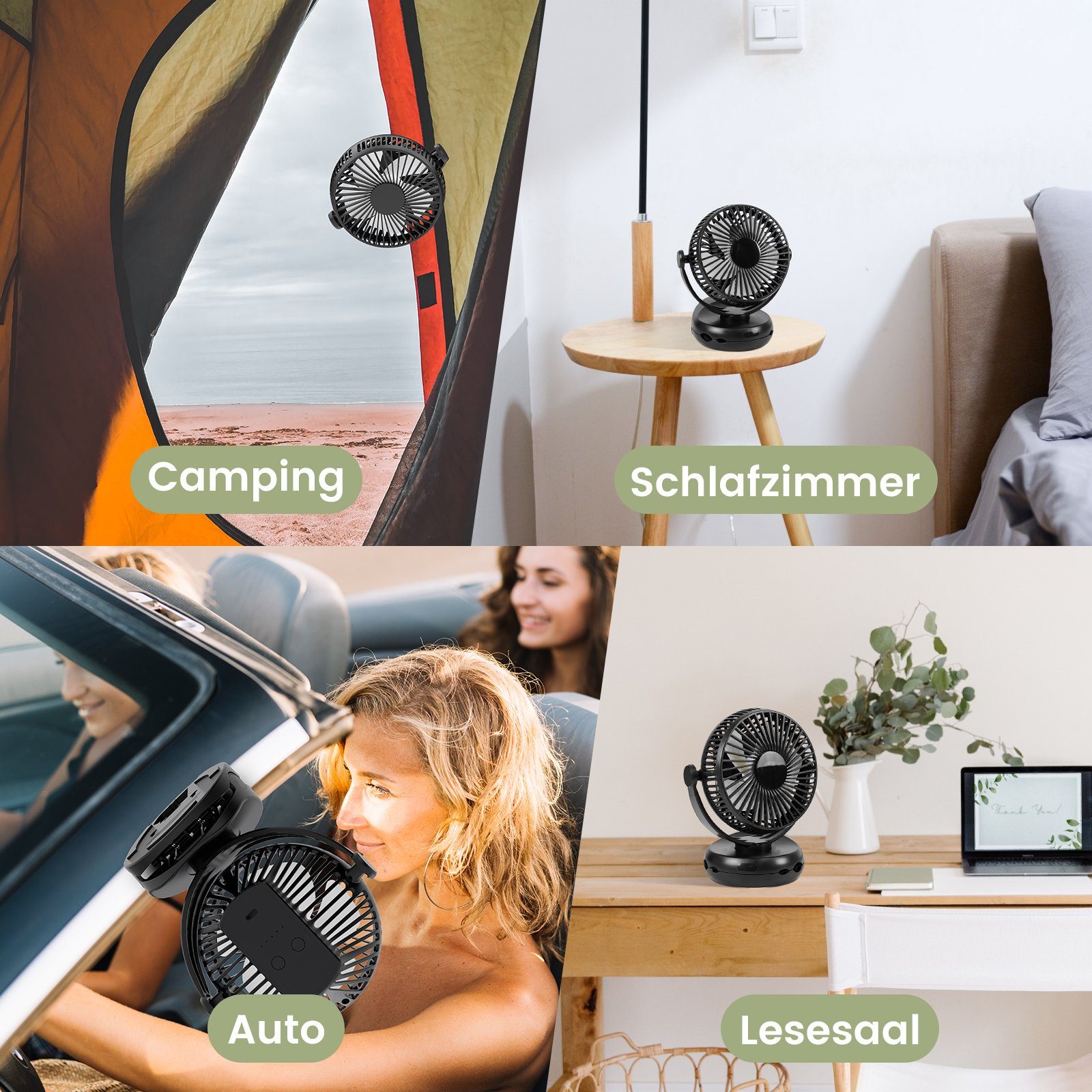 LED Licht Akku 10000mAh Mini Leise & 3 mit Drehung Clip 360° In Schwarz, 1 4 USB-Ventilator Fan Nettlife Geschwindigkeiten