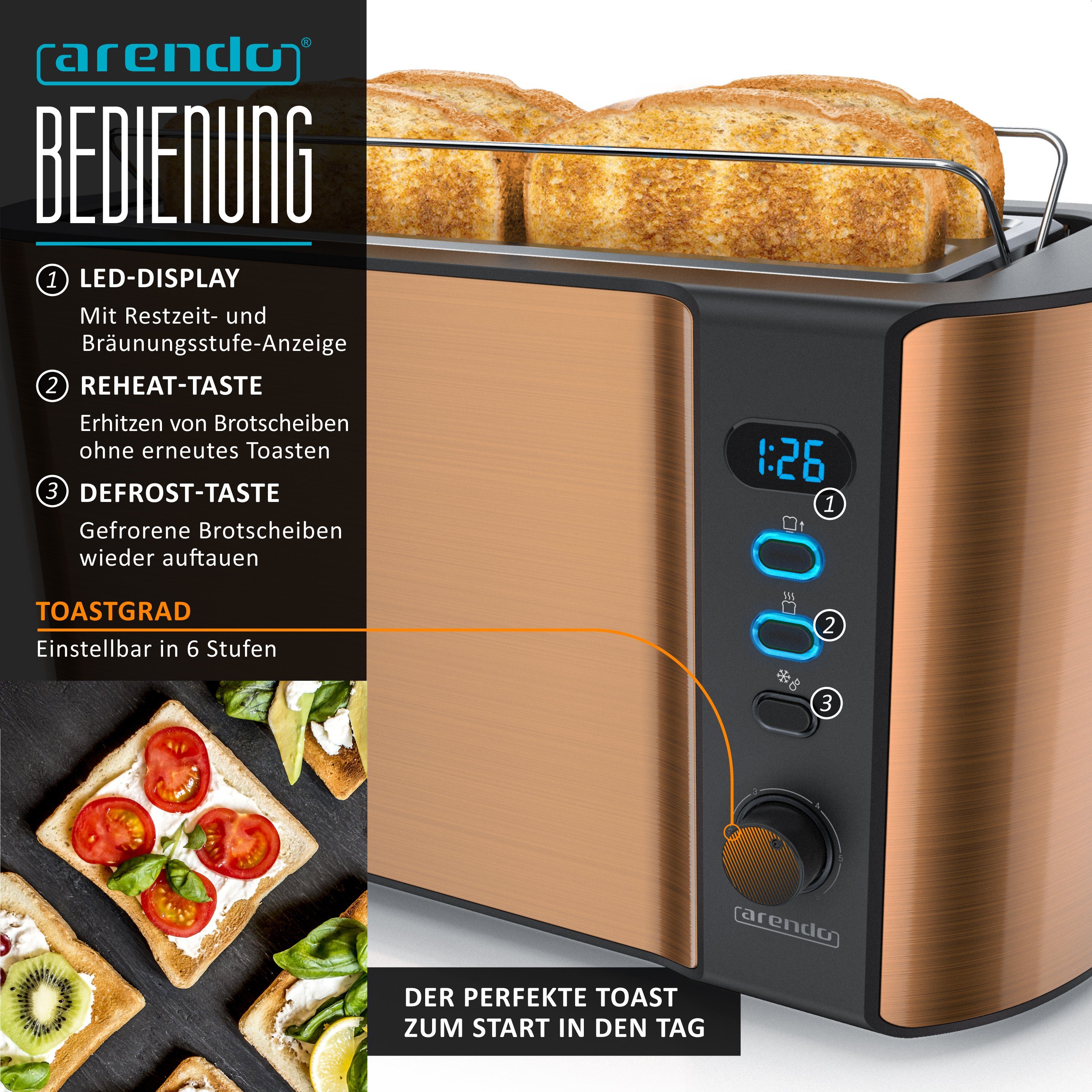 Arendo Frühstücks-Set Wasserkocher 1,5l, 4-Scheiben Toaster, 7er Eierkocher, Kupfer (3-tlg), Edelstahl, BPA-frei, GS-geprüfte Sicherheit, fürs Familienfrühstück – Bild 5 von 5
