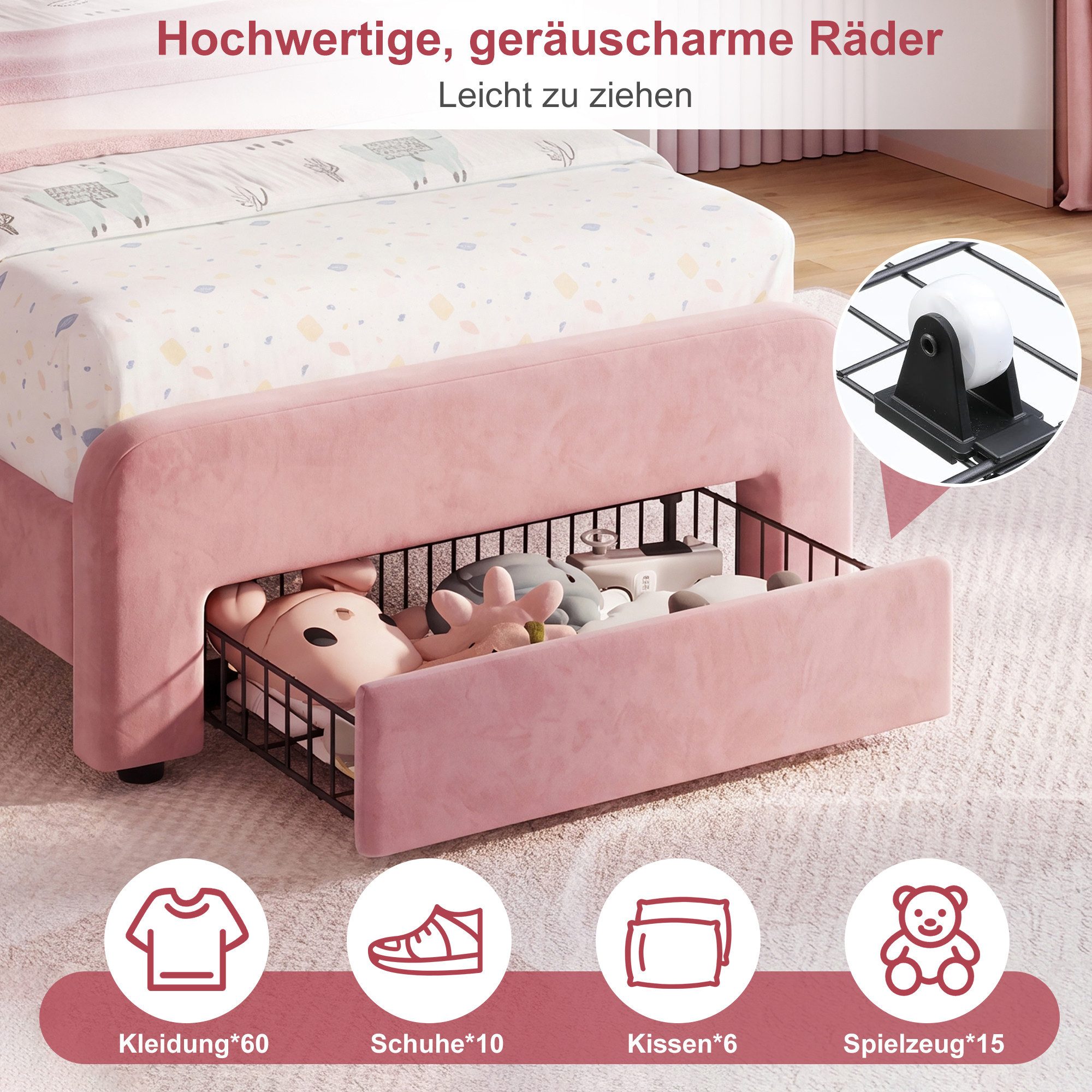 Simurq Prinzessinbett Polster Kinderbett 90x200 cm Samt Hasen‑Design mit LED‑Beleuchtung (höhenverstellbares Kopfteil, Bettenschublade mit Rollen), Einzelbett P – Bild 4 von 5