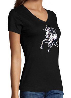 MyDesign24 T-Shirt Damen Pferde Print Shirt - Rennendes Pferd V-Ausschnitt Baumwollshirt mit Aufdruck Slim Fit, i168