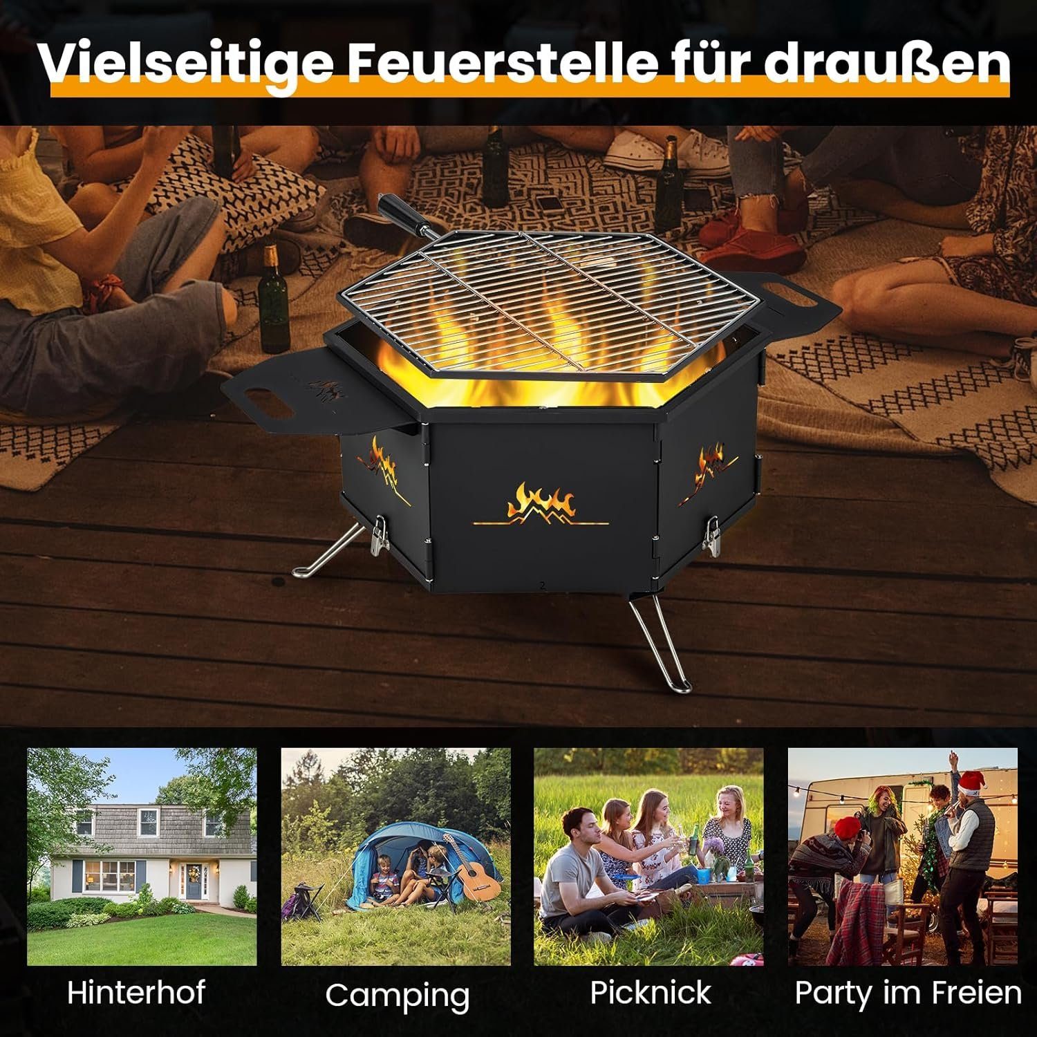 KOMFOTTEU Holzkohlegrill 2 in 1 Campinggrill, mit 360° drehbarem Grill, für 3-6 Personen