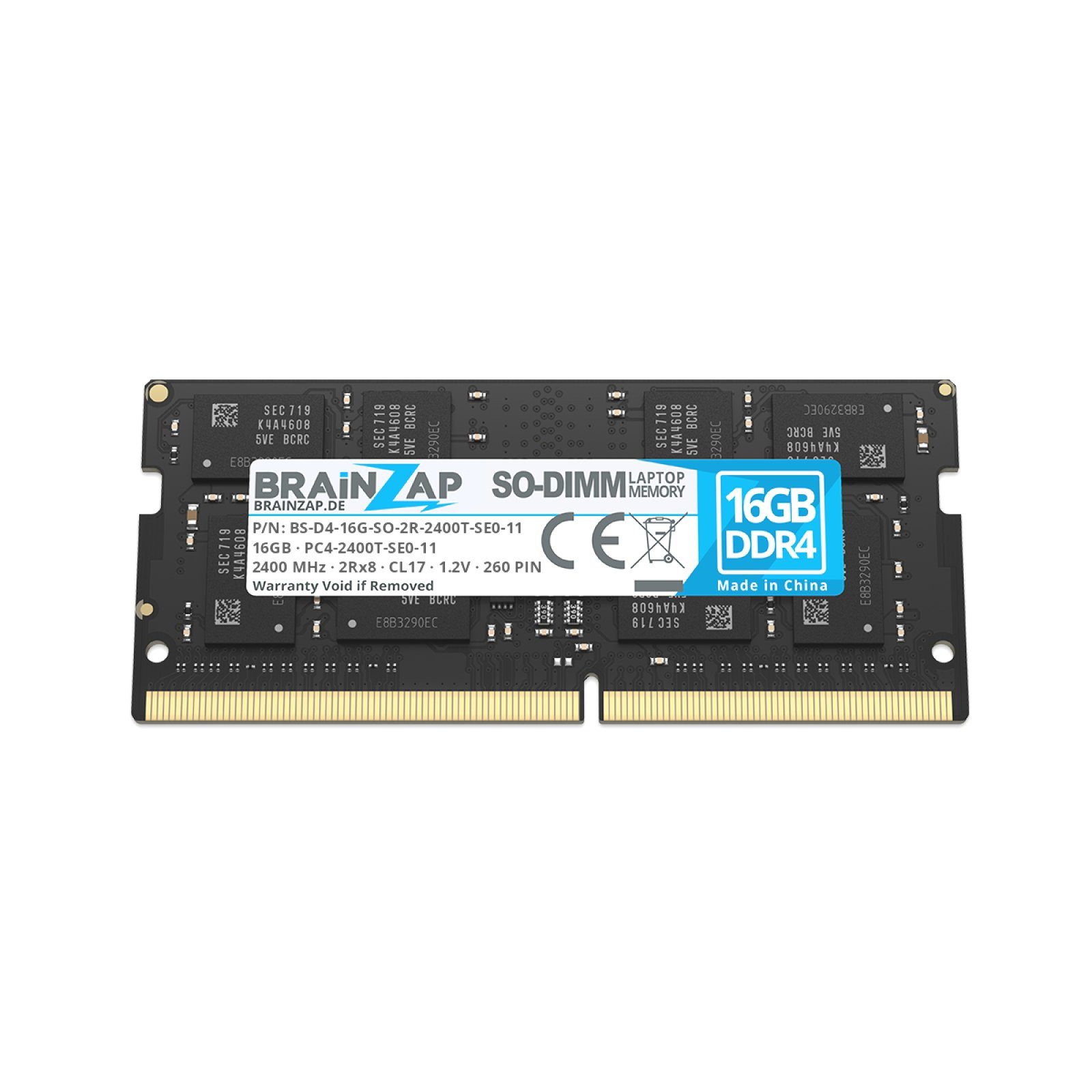 BRAINZAP 16GB RAM PC4-2400T-SE0-11 SO-DIMM Laptop-Arbeitsspeicher (2400 MHz, CL17, 2Rx8, Non-ECC, Unbuffered, für Notebooks - Intel und)