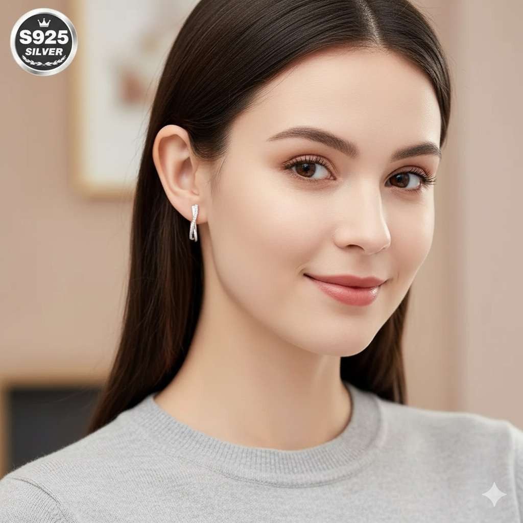 Taffstyle Paar Creolen Damen Ohrringe 925 Sterling Silber mit Zirkonia im Kreuzdesign Elegant (Zirkonia Ohrringe aus 925 Silber mit funkelndem Kreuzdesign - Geschenkidee für Damen)