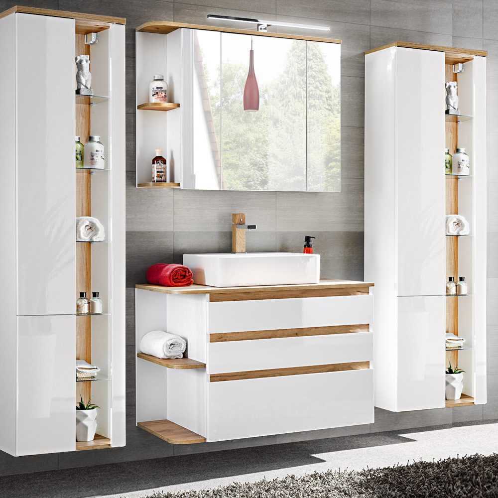 Lomadox Badmöbel-Set CAMPOS-56, (Spar-Set, 6-St), weiß mit Wotaneiche 2 Hoc günstig online kaufen