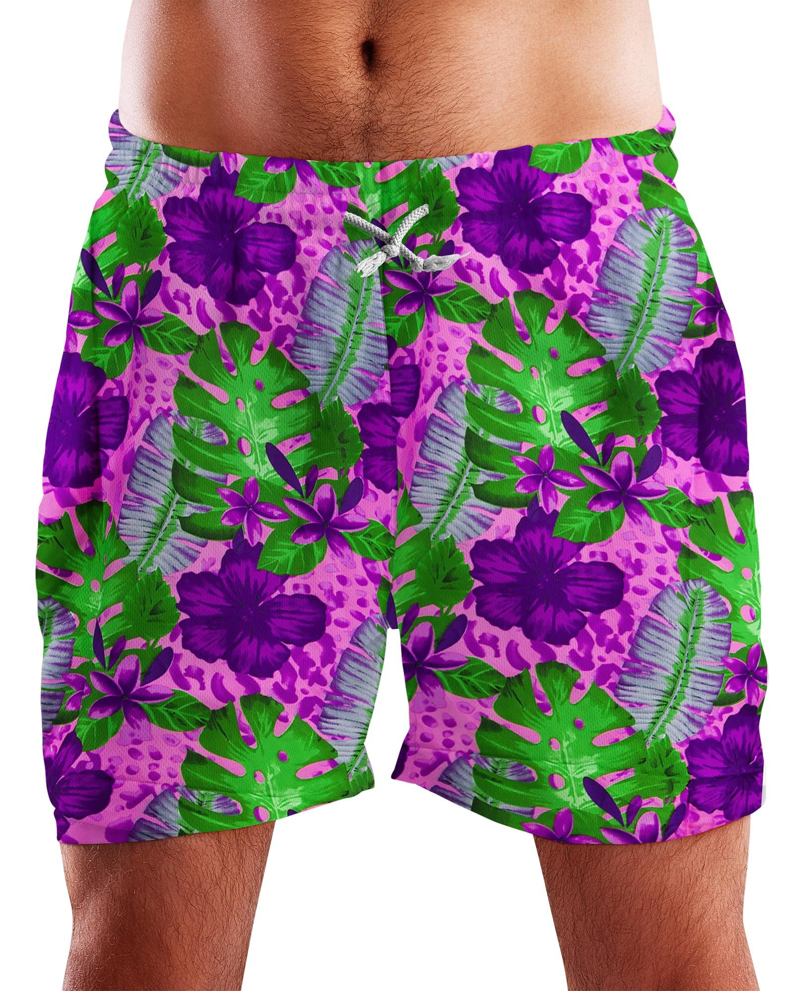 King Kameha Badeshorts Green Purple Flower Hawaii Bade-Shorts Mesh-Einsatz Kordelzug Mit integriertem Mesh-Innenslip für extra Komfort