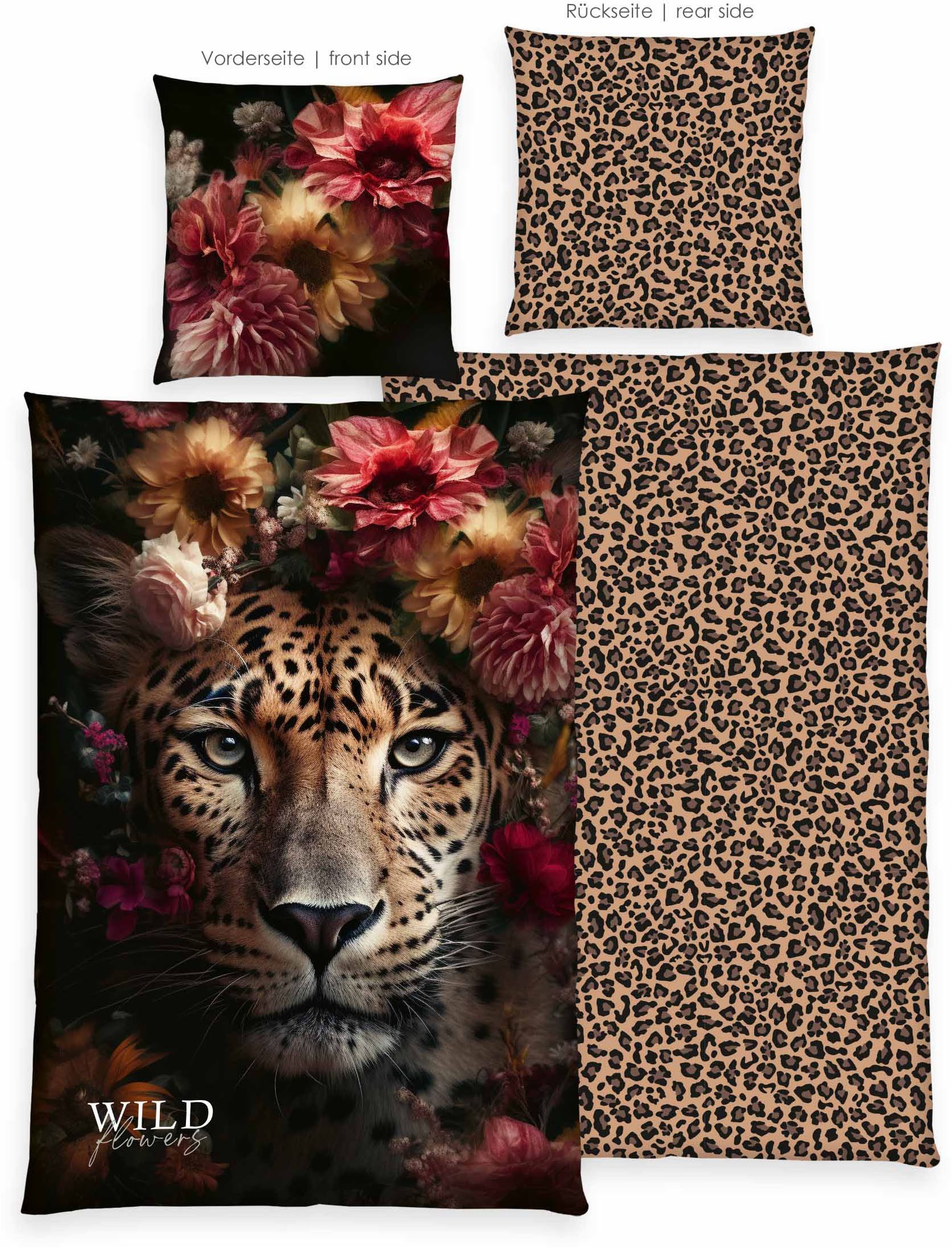 Herding Wendebettwäsche Wild Flowers Leopard, Renforcé, 2 teilig, Mit praktischem Reißverschluss
