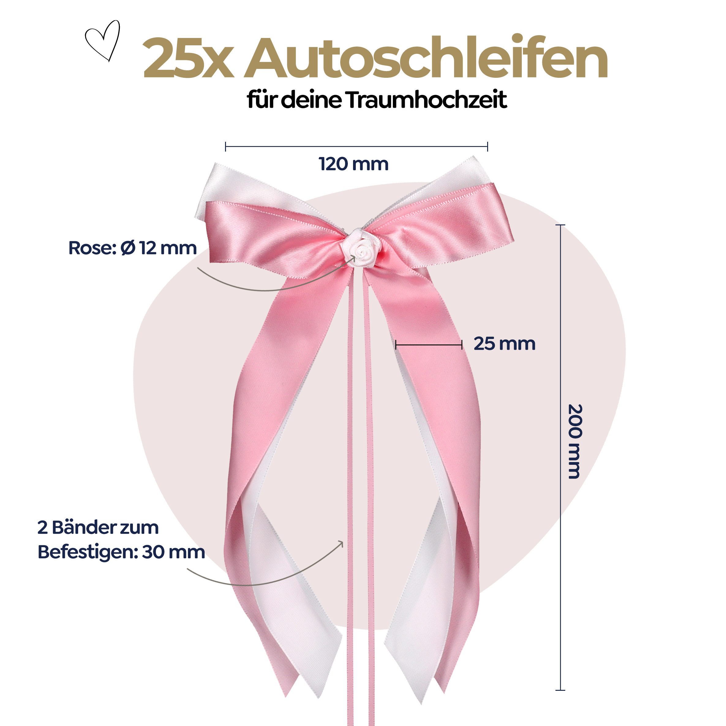 white & ivory Dekoobjekt Autoschleifen Hochzeit mit Rose + extra langem Befestigungsband (25 St)