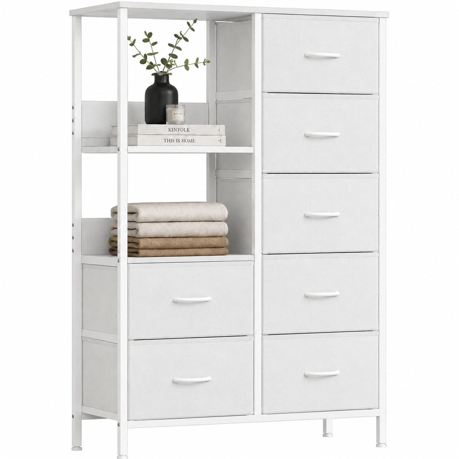 Kommode Stoffkommode mit 7 Schubladen, Holzplatte und Metallrahmen, Sideboards