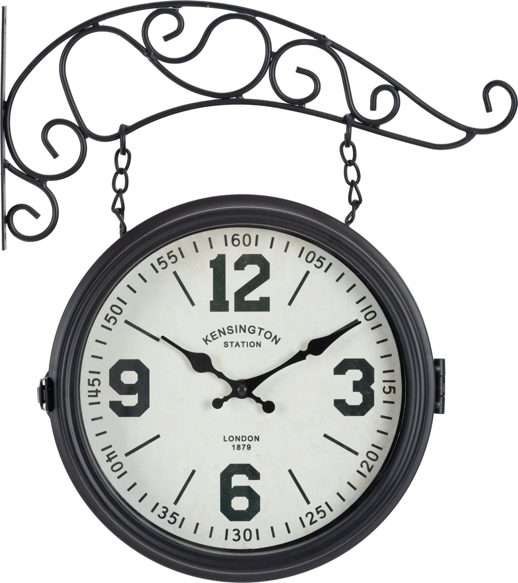 Stagecaptain Wanduhr BHU-4136 BK Bahnhofsuhr groß mit Wandhalterung im Vintage-Look (doppelseitiges Ziffernblatt & Quarzlaufwerk, Retro Metallkonstruktion)