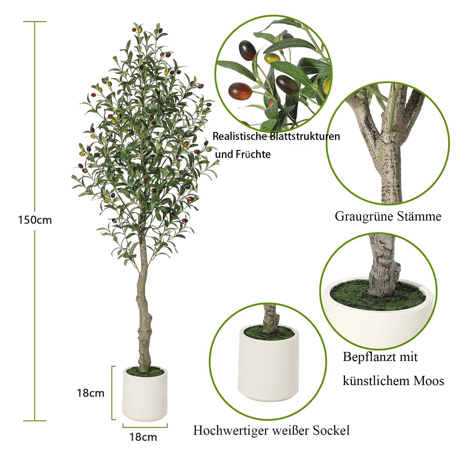 Kunstbaum Künstliche Olivenbäume für den Innenbereich,1.5/1.8/2.1 m,Dekoration, GarveeMore, Höhe 150 cm, Realistischem Stamm,Blättern und Früchten als Dekoration für das Home