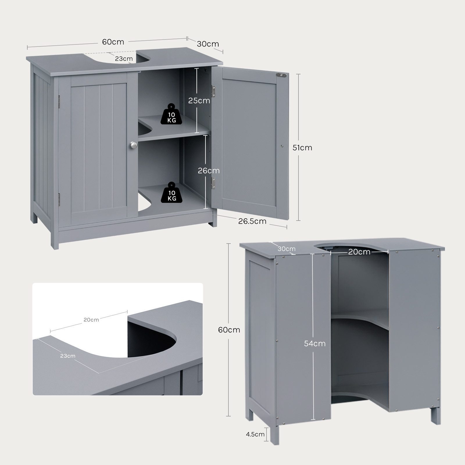 Woltu Waschbeckenunterschrank (1-St) Badezimmerschrank mit 2 Türen, 60x60x30cm, Holz