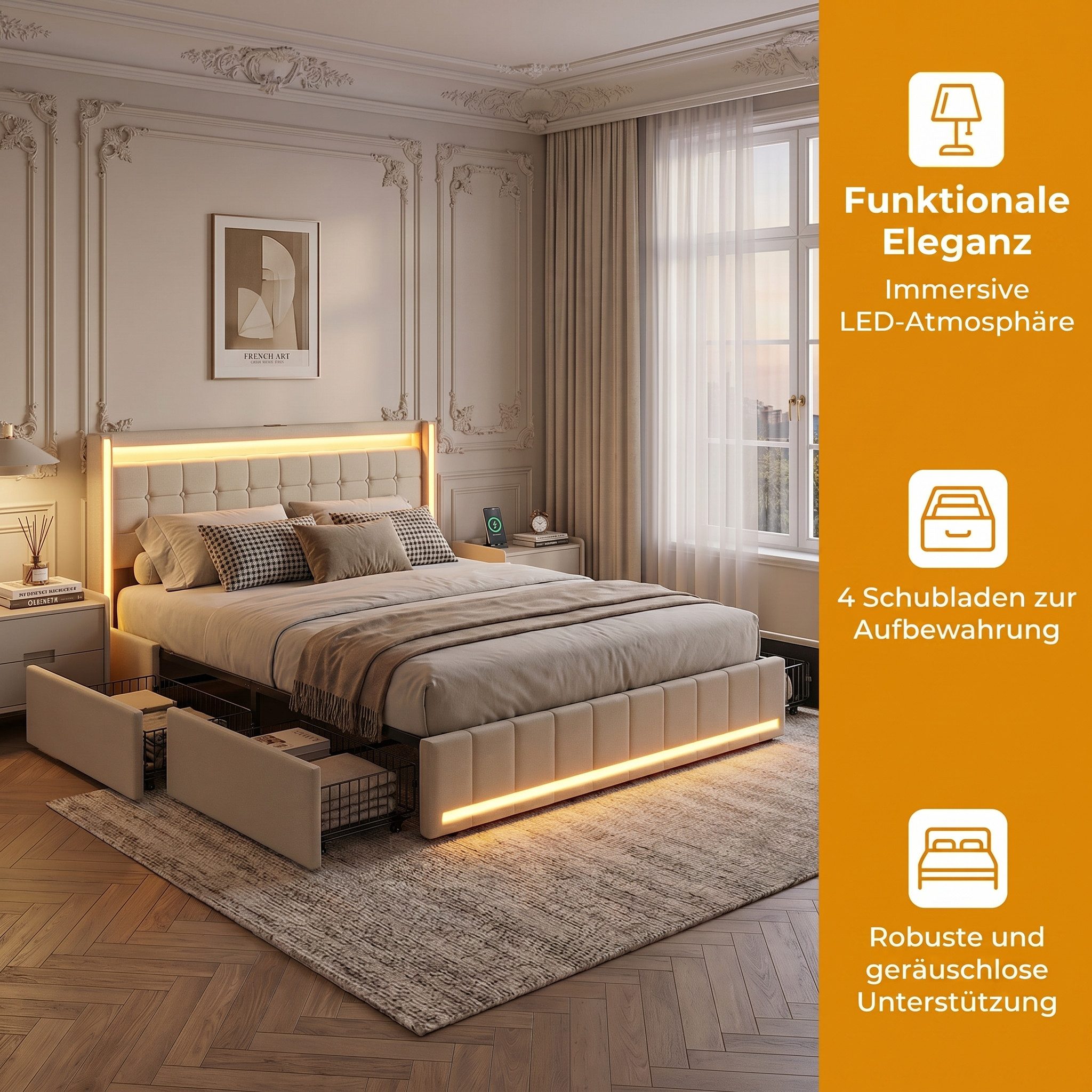 Simurq Polsterbett Schubladenbett Bettrahmen Jugendbett mit LED&Ladefunktion (1-tlg., Mit Stauraum,Verstellbare LED Beleuchtung,Lattenrost), Doppelbett Stauraumbett Modern,Linen