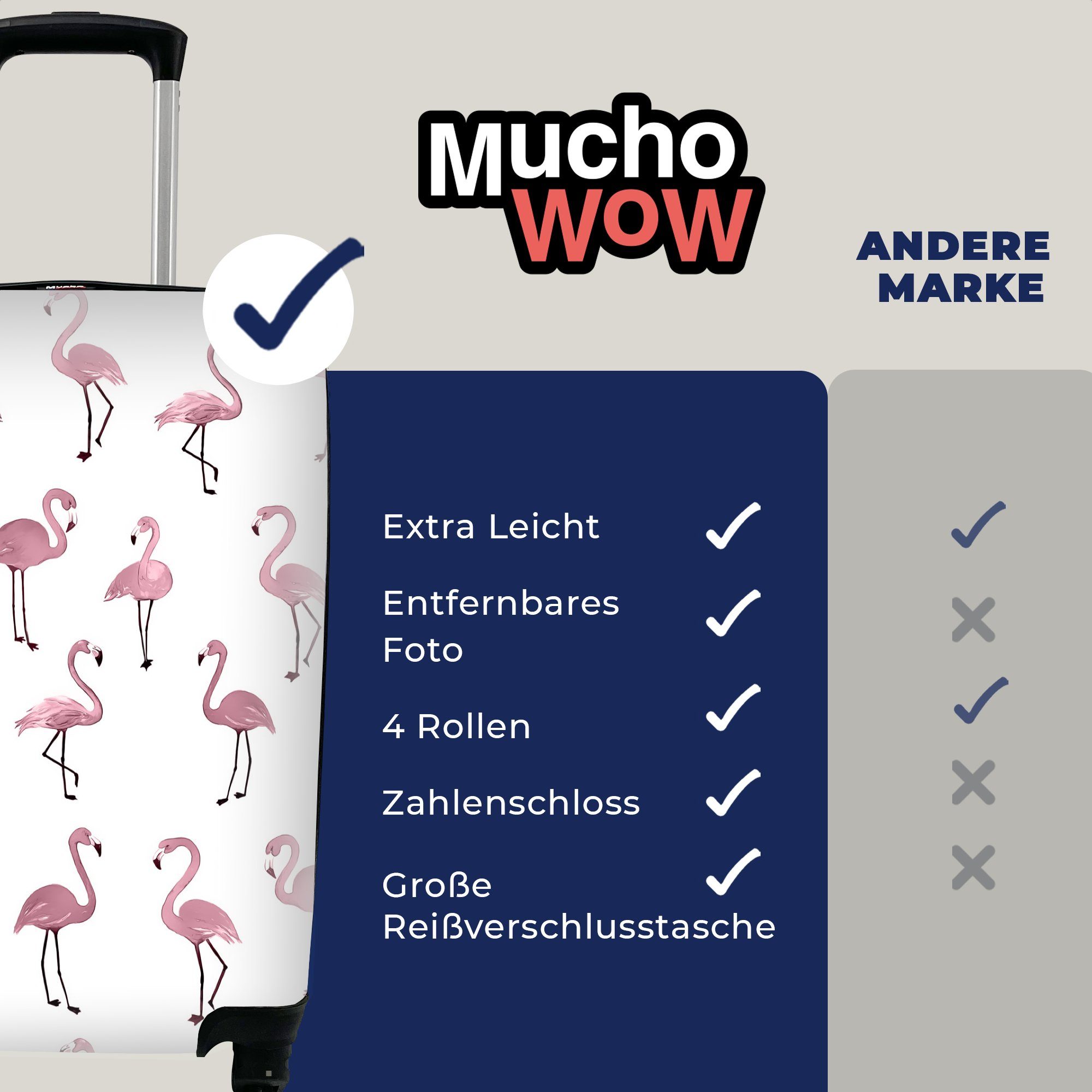 MuchoWow Handgepäckkoffer Flamingo - rollen, Reisekoffer Rollen, - Ferien, Trolley, Handgepäck Rosa mit für Muster, Reisetasche 4