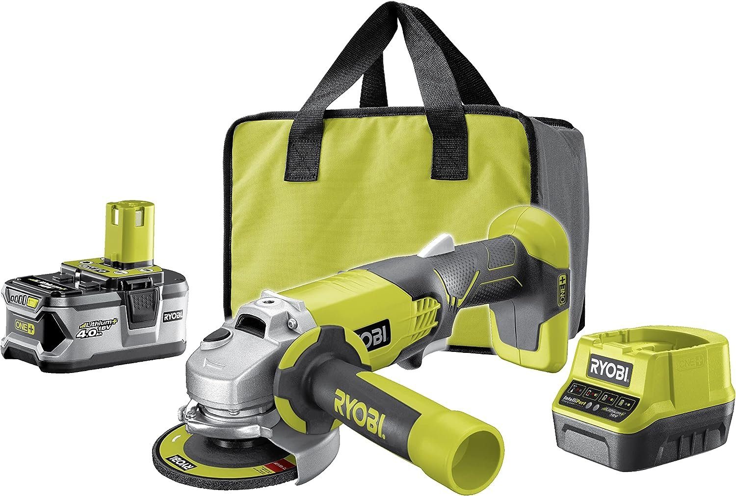 Ryobi Akku-Winkelschleifer 115 mm Trennschleifer, max. 7500 U/min, (4 tlg), inkl. 4 Ah Akku, Ladegerät und Werkzeugtasche