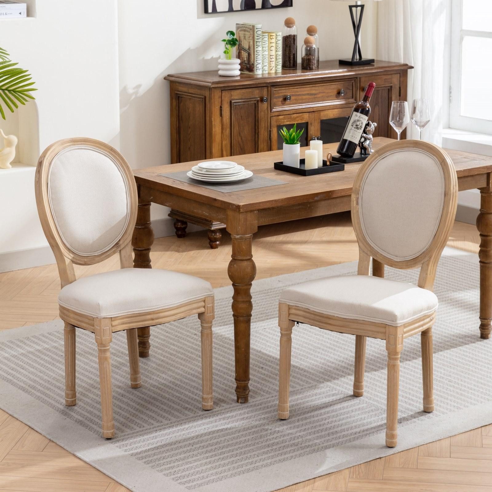 BBG Esszimmerstuhl Esszimmerstuhl 2er Set, Polsterstuhl im Französischen Landhausstil (2 St), Massivholz (Kautschukholz) mit Antik-Finish, Leinen-Bezug