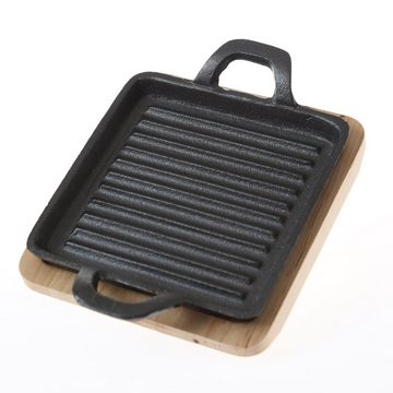 GAUMENKICK Grillpfanne Gusspfanne mit 2 Griffen u. Holzuntersetzer Servierpfanne 14x14cm, Gusseisen (1-tlg)