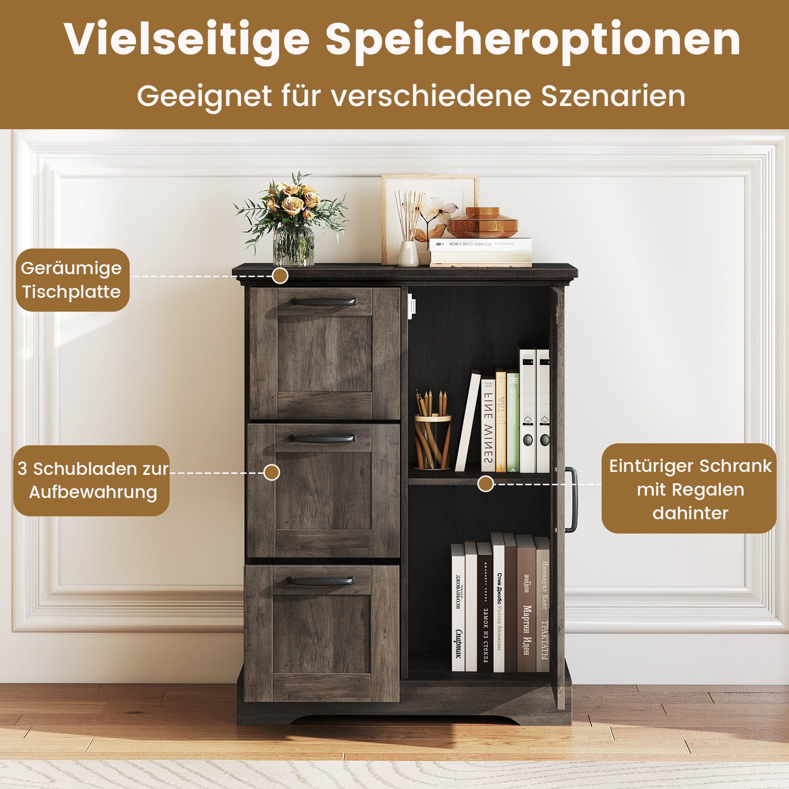 COSTWAY Kommode, Buffetschrank mit Tür & 3 Schubladen Sideboard 60x30x80cm