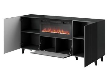 MIRJAN24 Kommode Vamos Grey 180 mit Kamin (mit 2 Türen und Klappe), Fronten gefräst, Realistische LED-Flamme