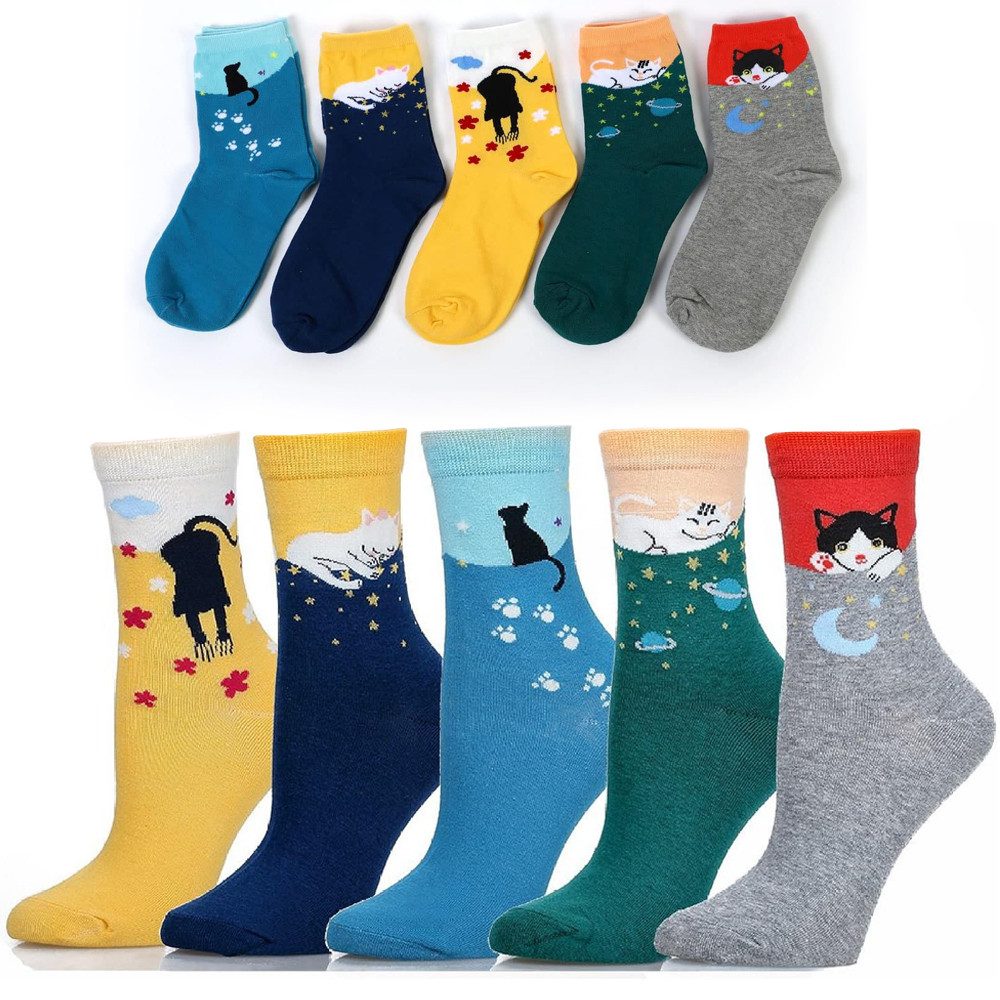 Alster Herz Freizeitsocken 5x lustige Socken, Katzenmotiv, bunt, trendy, süßes Design, A0550 (10-Paar) farbenfroh, elastisch