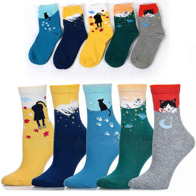 Alster Herz Freizeitsocken 5x lustige Socken, Katzenmotiv, bunt, trendy, süßes Design, A0550 (5-Paar) farbenfroh, elastisch