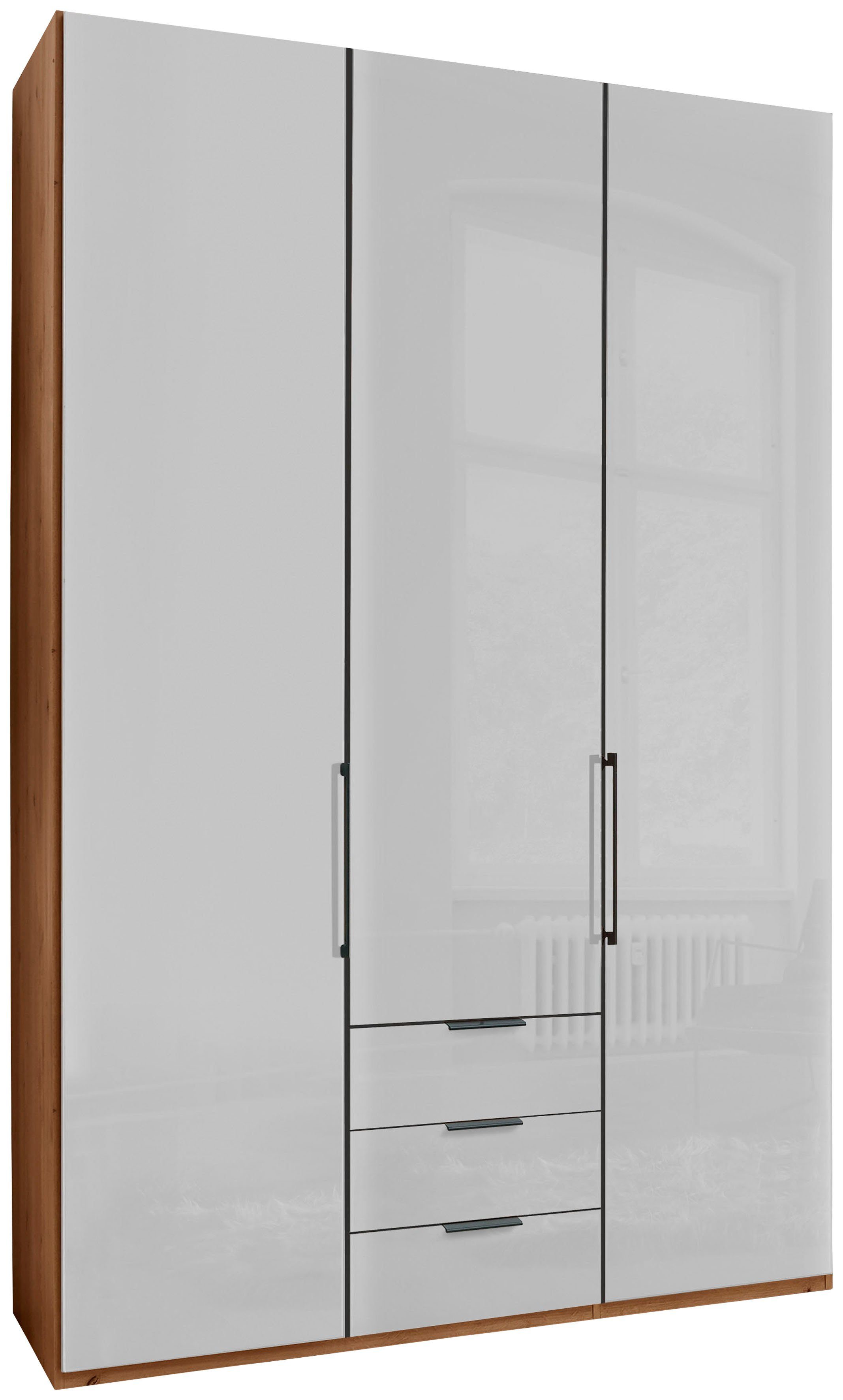 Dämpfung hochwertigen Beschlägen WIEMANN mit Glasfront sowie Drehtürenschrank Bianco-Eiche-Nachbildung/Glas Weiß Monaco inkl.