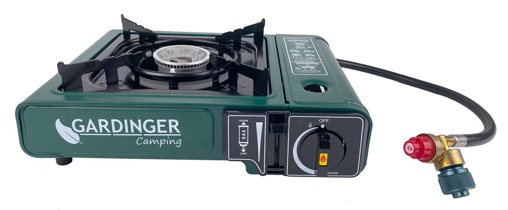 GARDINGER Gaskocher Campingkocher einflammig Universal-Kartuschen Kocher Piezozündung, (Adapter Set, 1-St., mit Hartschalenkoffer), standsicher, tragbar