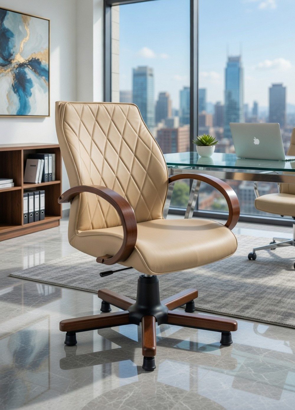 Xlmoebel Bürostuhl Beiger Ergonomischer Bürostuhl mit Holzarmlehnen, Made in Europa