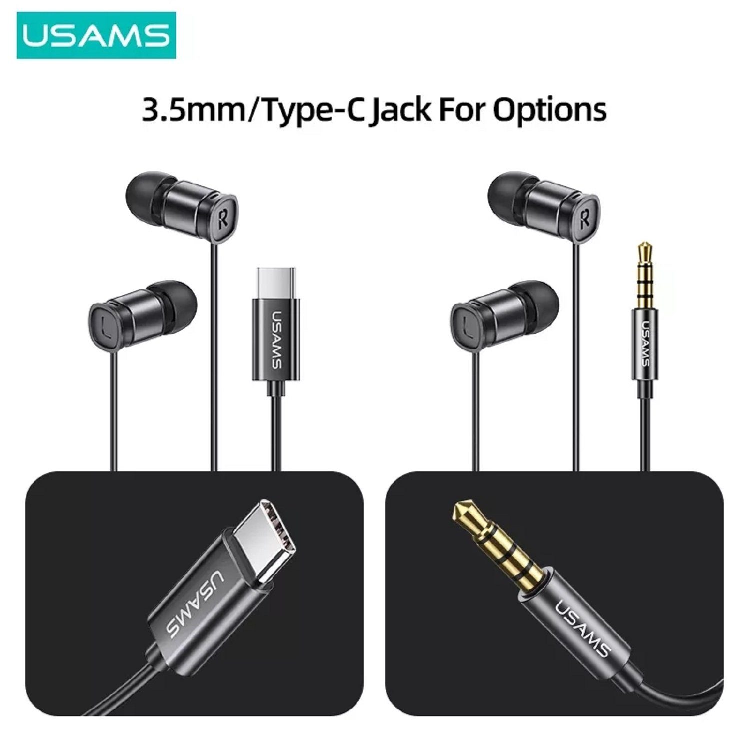 USAMS EP-46 3,5mm, für Bass C Typ 1,2m, Anrufe Mikrofon) und Type-C, In-Ear-Kopfhörer, (Kabelgebunden, Stereo Ohrhörer Kopfhörerstecker On-Ear-Kopfhörer 3,5mm, Musik, intergrierte Type Schwarz HiFi (3,5mm) Steuerug