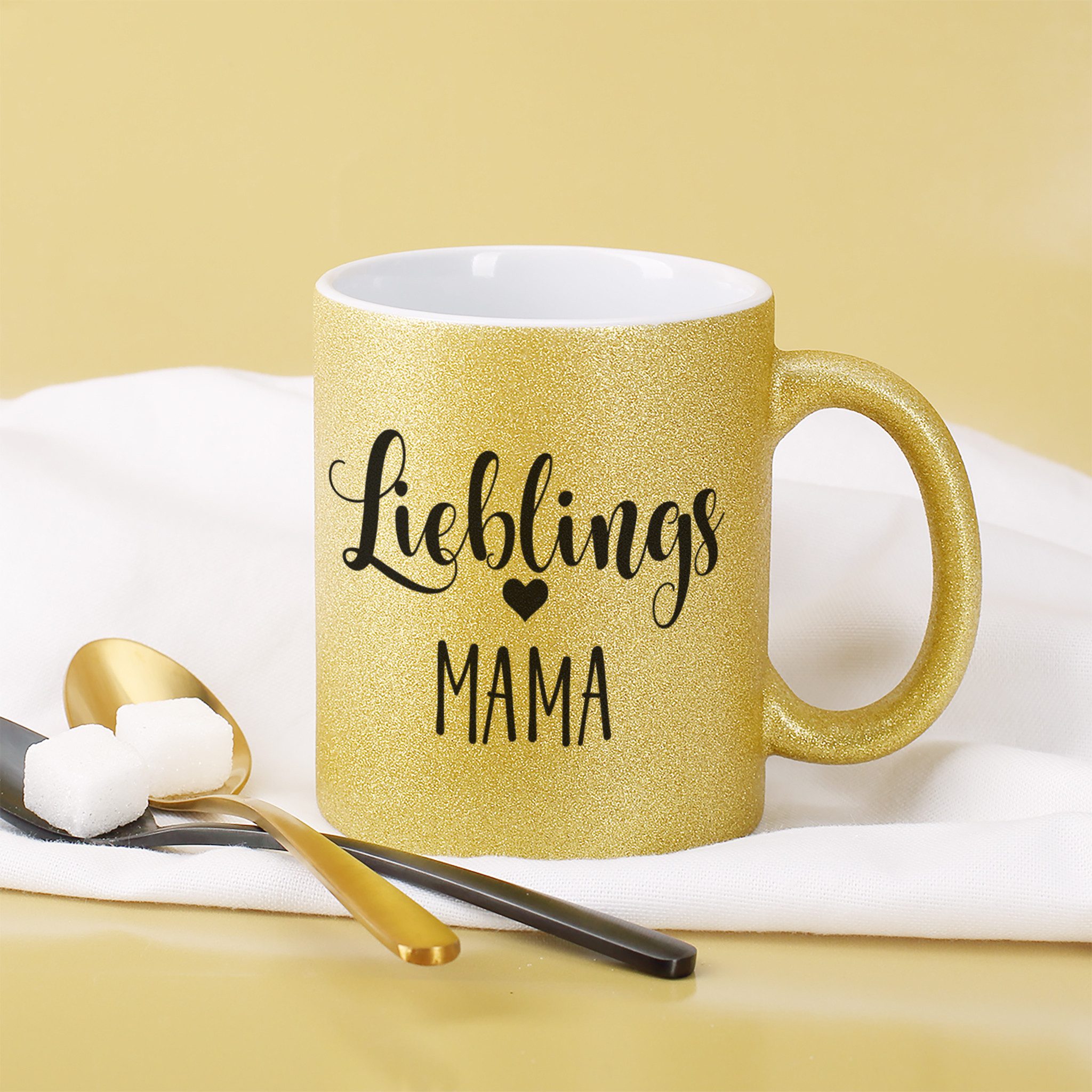 Herz & Heim Tasse gold glitzernd mit verschiedenen Motiven für Lieblingsmenschen