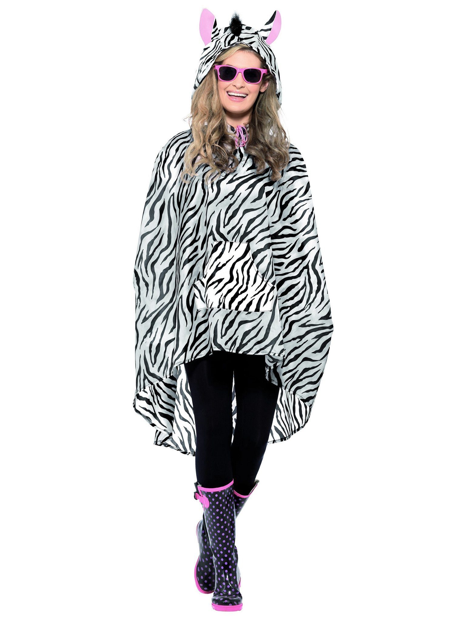 Smiffys Kostüm Festival Poncho Zebra - Fasching Halloween Kostüm, Tierischer Regenschutz für Festival und Event