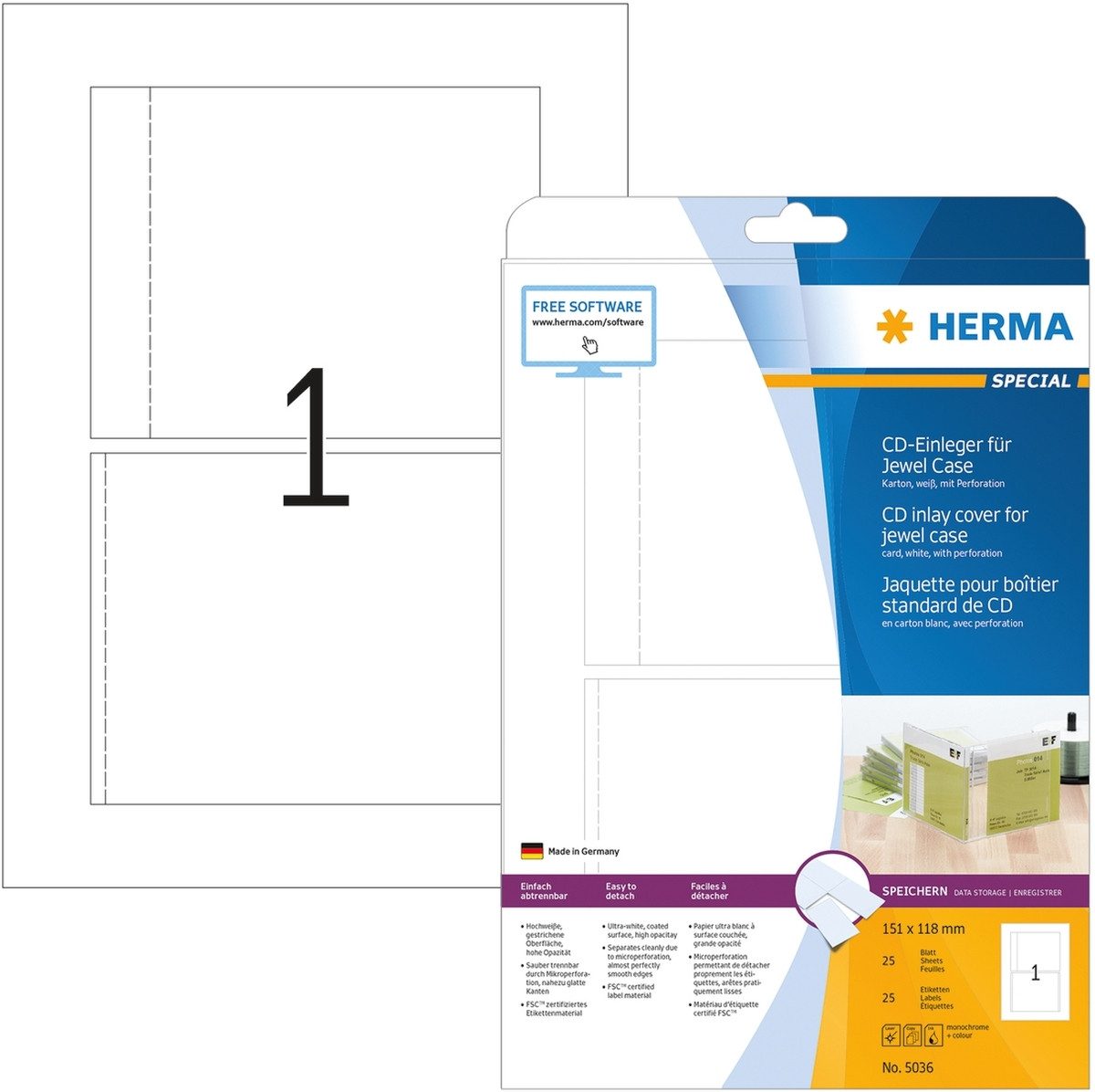 HERMA Etiketten CD-Einleger für Jewel Case perforiert 151x118mm Special A4 VE=25