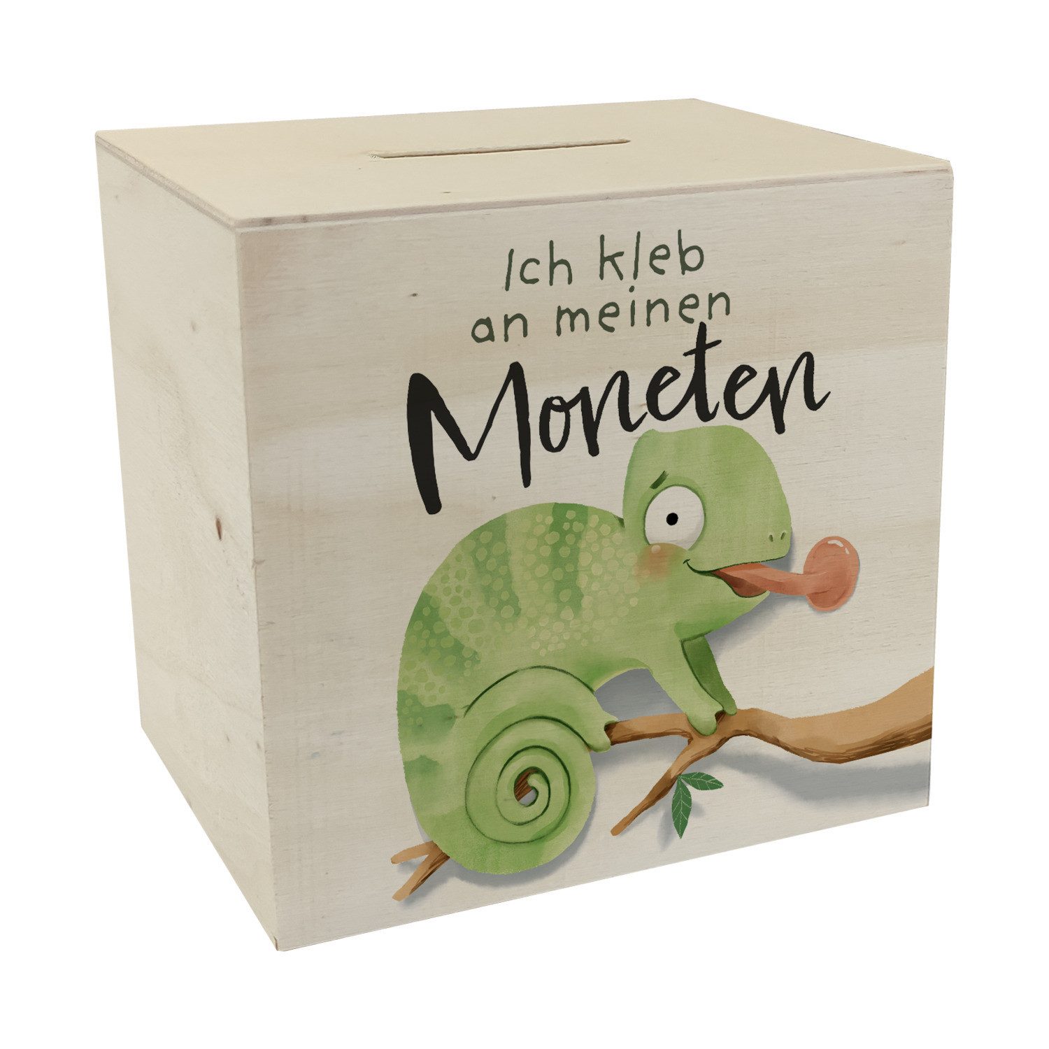Spardose Chamäleon Spardose aus Holz mit Spruch Ich kleb an meinen Moneten